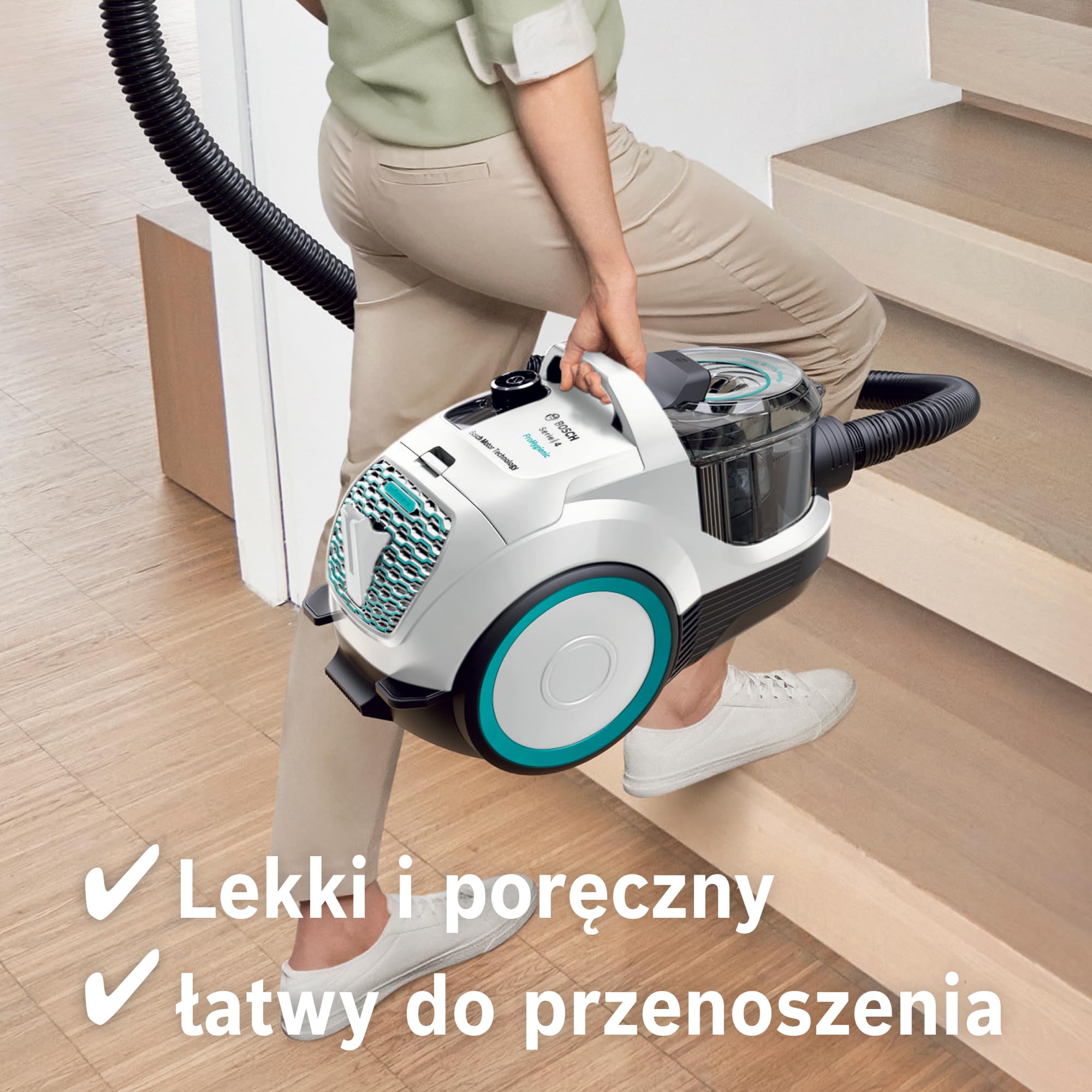 Bosch Serie 4 ProHygienic Odkurzacz 550 W, BGC21HYG1, biało-turkusowy | Bezworkowy | Cylindryczny | Filtr higieniczny UltraAllergy | Mocny | Kompaktowy