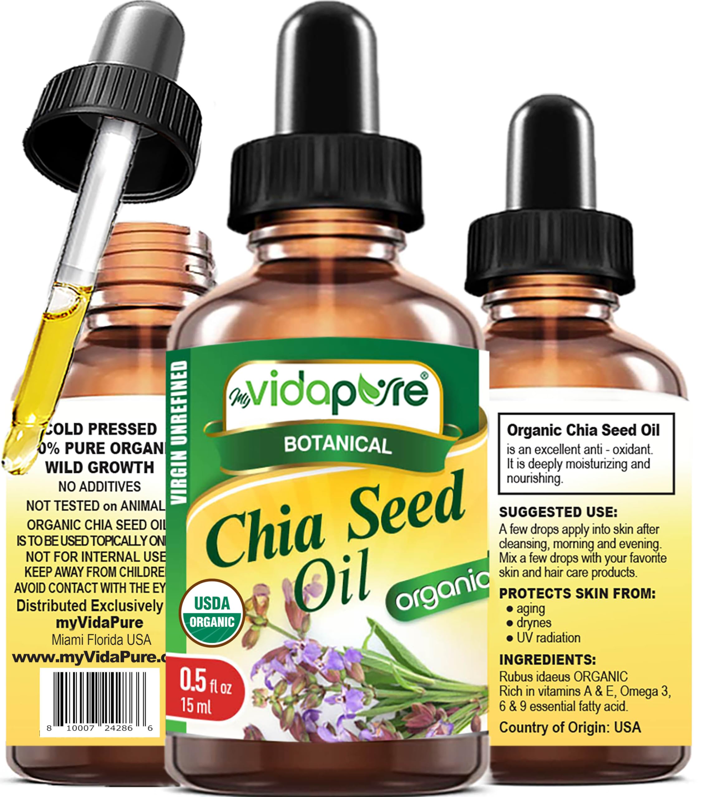 MYVIDAPURE Organic CHIA SEED OIL Certified Organic 100% Natural Pure VIRGIN UNREFINED Undiluted Cold Pressed Carrier oil 0.5 Fl oz 15 ml for Face Skin Body Hair Lip Nails Anti-Aging Rich in Vitamin E