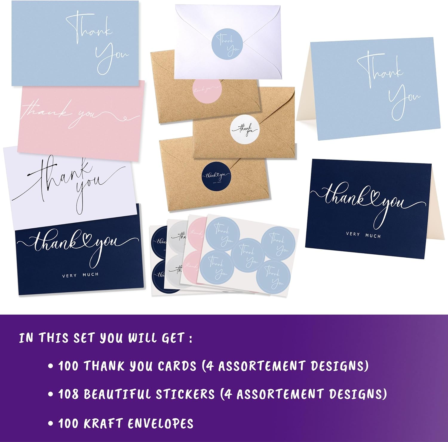 Layneria 100 Multicolored Thank You Cards with Kraft Envelopes and Stickers - 4 Modern Designs for Wedding, Graduation, Business, Baby Shower