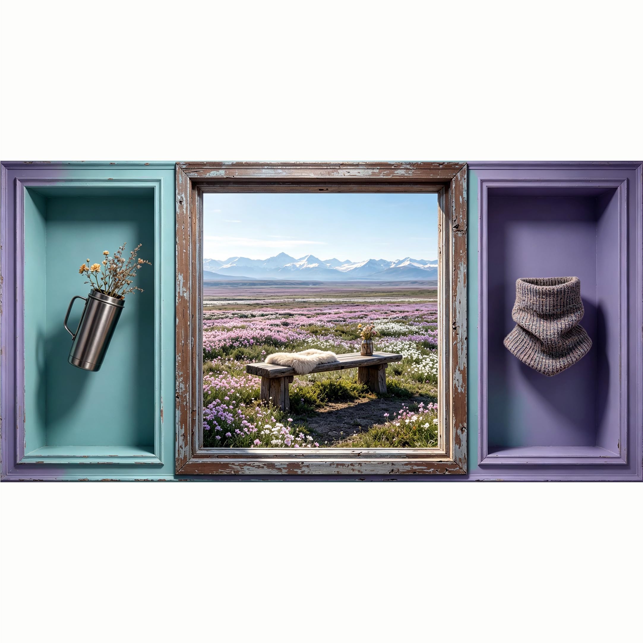 QZLITHOTIC 50x100cm 3D Framed Wall Art， Mountain Landscape Wildflower Meadow Bench SelfAdhesive Mural， Water‑Activated Peel & Stick Fabric Decor Wall Decal for Bedroom Living Room