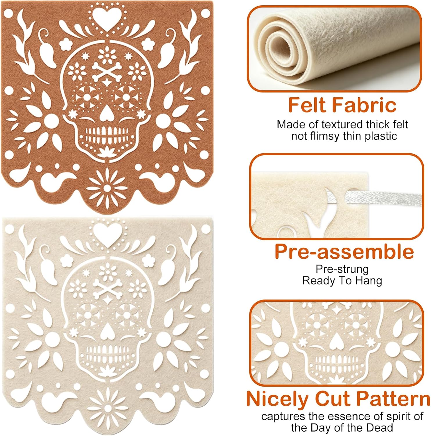 Dia De Los Muertos Decorations 4 Pcs Felt White Brown Papel Picado 40 Feet