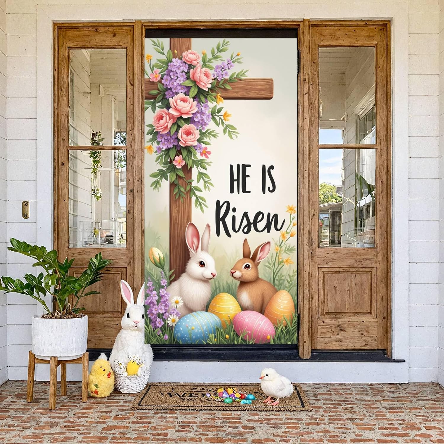 He Is Risen Door Banner Decorations Happy Easter Door Cover Spring Rabbit Bunny Eggs Door Banner Christen Floral Cross Easter Porch Banner Backdrop for Outdoor Indoor Easter Party Supplies 71 x 35''