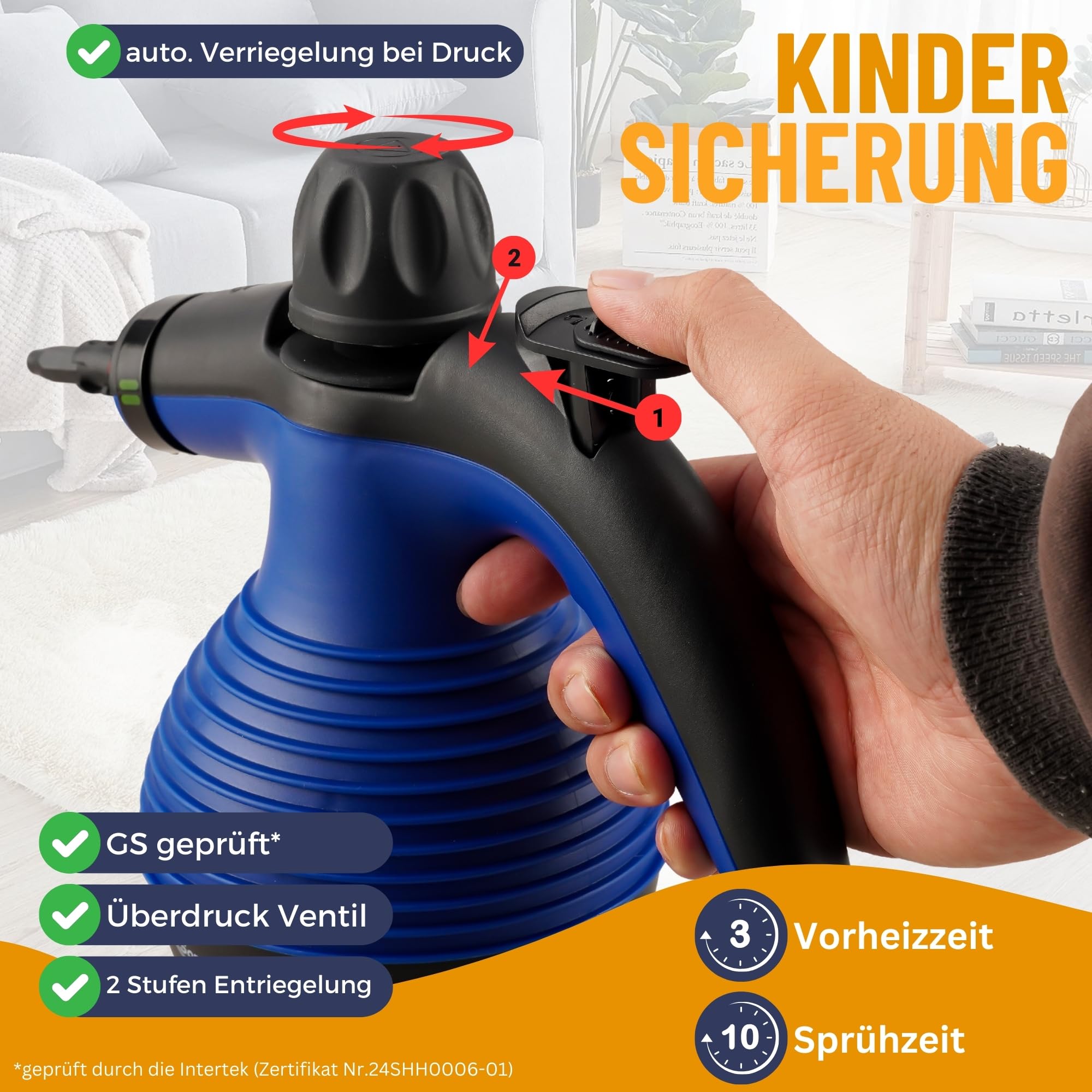 Dampfreiniger Sommertal SC350-1050W Power Handgerät mit viel Zubehör - 110°C Dampfreinigung ohne Chemie, gegen Schmutz und Fett auf Polster Fliesen Fenster, GS geprüft