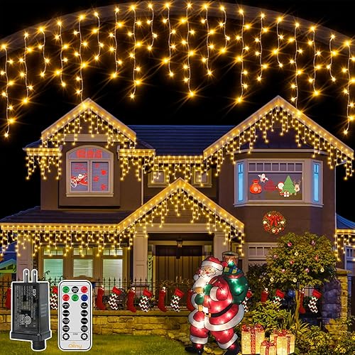 Miniatura 23 de Ollny Luces de carámbano multicolor para exteriores, 600 luces LED de Navidad de 49 pies con control remoto, 8 modos regulables, temporizador