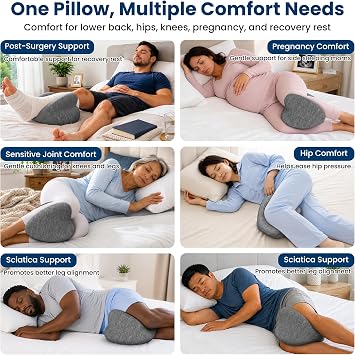 Knee Pillow for Side Sleepers, Cooling Gel Memory Foam, Grey | Leg Pillow for Side Sleeping, Heart-Shaped Between Legs Cushion for Sciatica, Lower Back, Hip and Joint Pressure Relief
