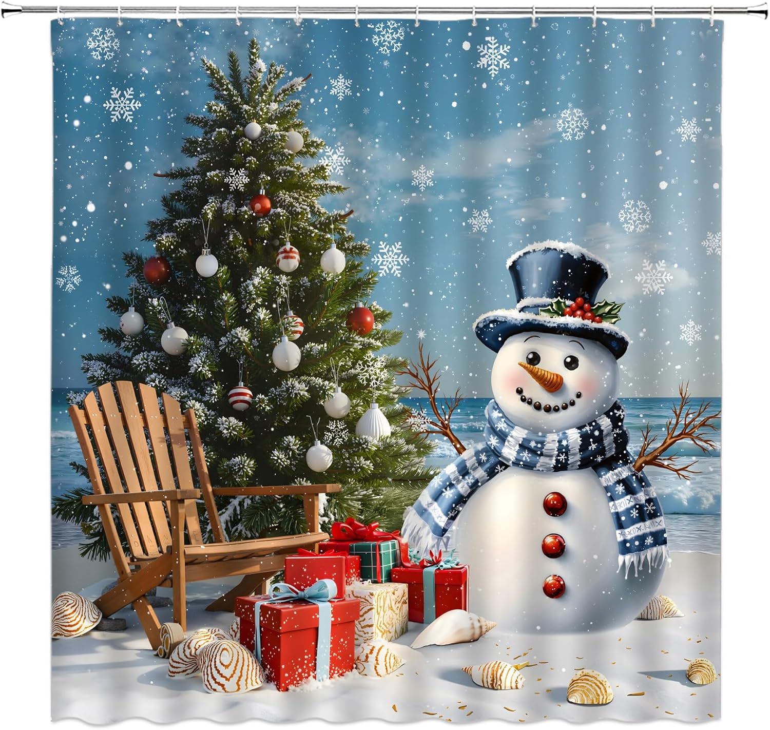Christmas Tree Shower Curtain Cute Winter Xmas Snowman Snowflake Ocean Beach Chair Seashell 70" Wx84 H Fabric Bathroom Decor Curtain with Hooks