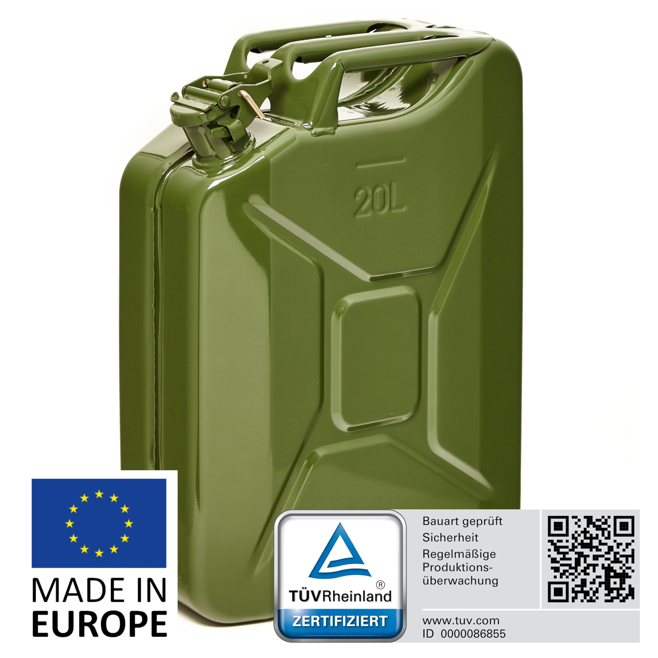 BW Benzinkanister Metall 20 Liter Kraftstoffkanister Olivgrün RAL 6003 TÜV-geprüft UN-Zulassung 0,9mm Stahl DIN 7274 Benzin Diesel E10 2-Takt Made in Europe