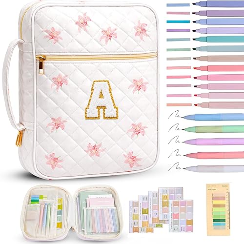 Bible Bag for Women, Bible Cover Case with Study Supplies, Initials Personalized Quilted Bible Bag, Large Chenille Bible Cover – Christian Gift for Girls (Pink Lilies-A)