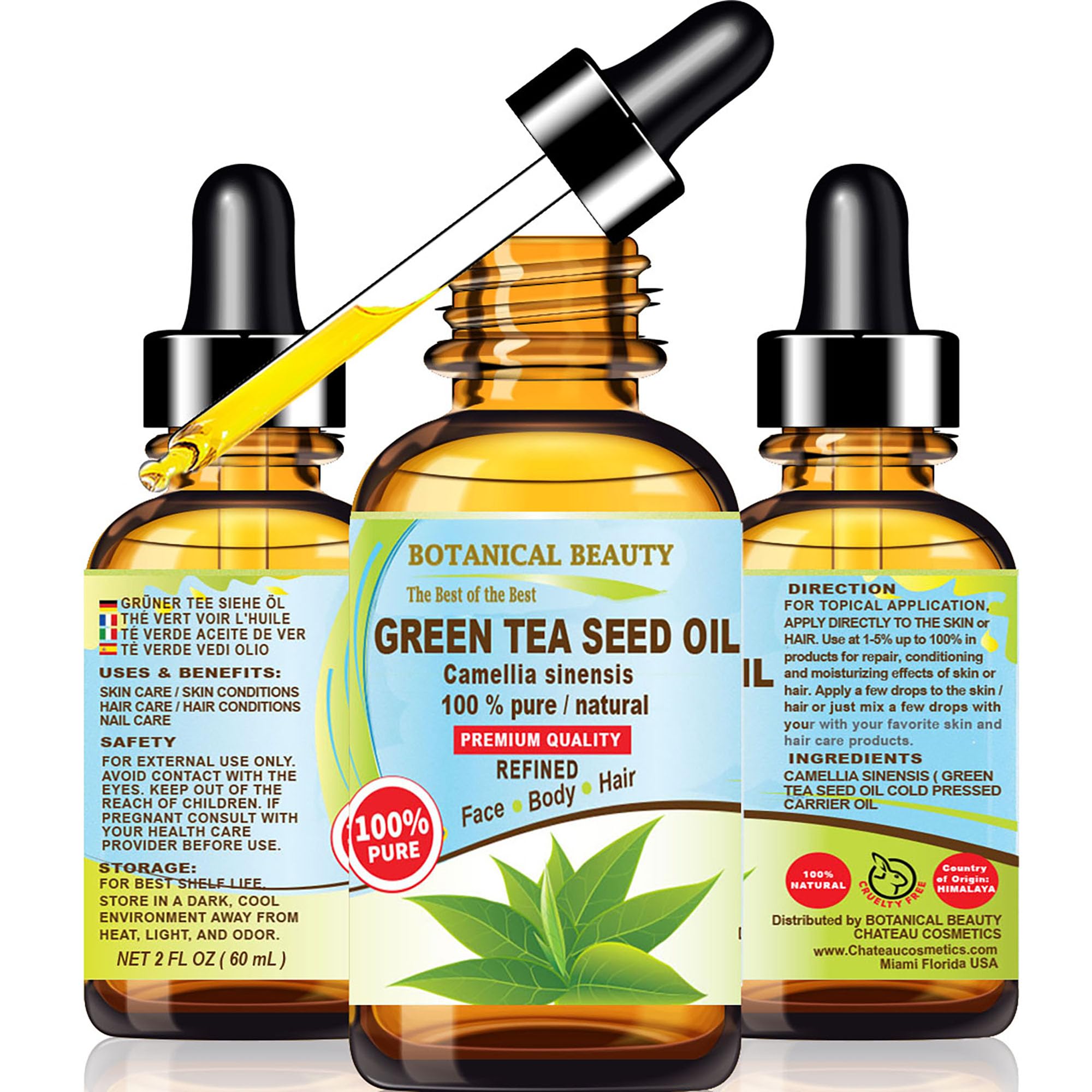 Botanical Beauty GREEN TEA SEED OIL Camellia Sinensis Oil 100% Pure Natural Undiluted Cold Pressed Carrier Oil for Face, Skin, Hair, Nails. 2 Fl.oz 60 ml. Rich in Vitamin C, Vitamin E