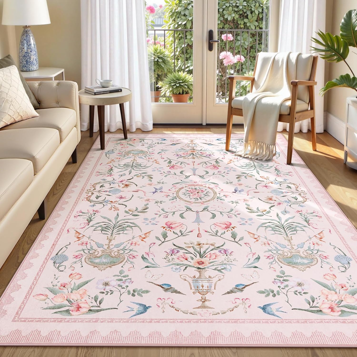 Collive Pink Rugs for Girls Bedroom, 5×7 Boho Floral Washable Area Rug Non Slip, Soft Ultra-Thin Indoor Decor Elegant Carpet for Kids Room Nursery Living Room Dining Room