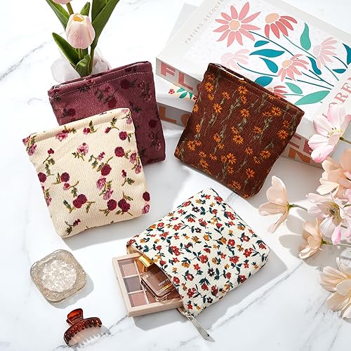 Miniatura 9 de Abbylike 4 bolsas de maquillaje floral de pana con cremallera, pequeñas bolsas portátiles para bolso, artículos de tocador, mini bolsa de maquillaje