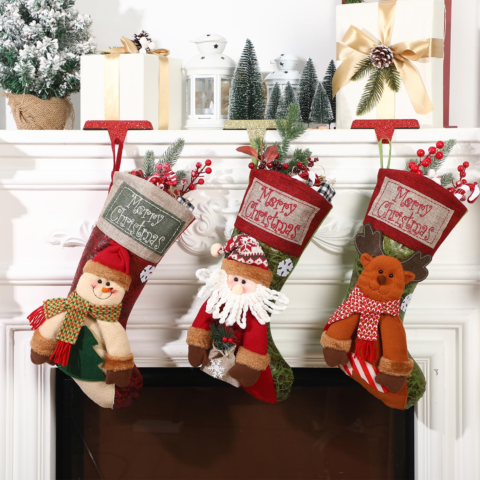 Lyrow Confezione da 6 calze di Natale da 48 cm, calze natalizie 3D con Babbo Natale e gnomo per Natale a quadri, grandi calze per vacanze in famiglia, regali di Natale, decorazioni (stile adorato)