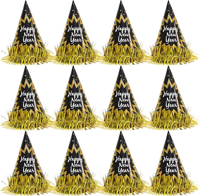 Runmeihe 12PCS New Years Eve Party Hats, Black Gold Cone New Year Party Hats, Happy New Year Decorations for Adults, Kids, New Years Eve Decorations 2023