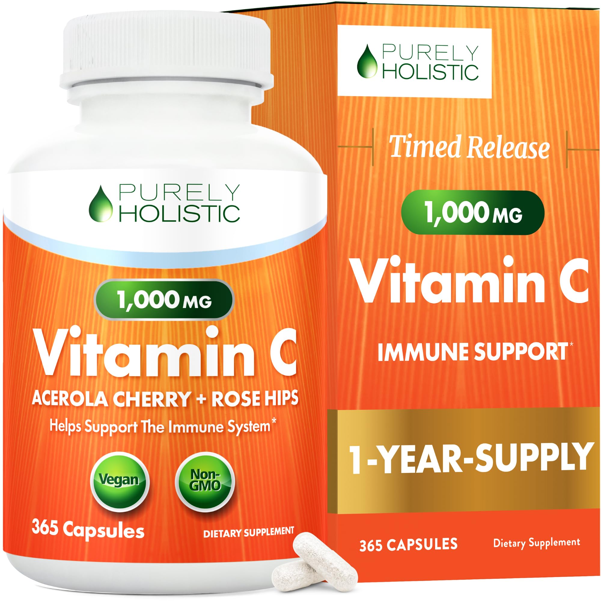 Purely Holistic Vitamin C 1000mg, 365 Capsules, 12 Month Supply, 2 Stage Timed Release with Ascorbic Acid, Rosehip & Acerola Cherry Bioflavonoid, Immune System Support, Vegan