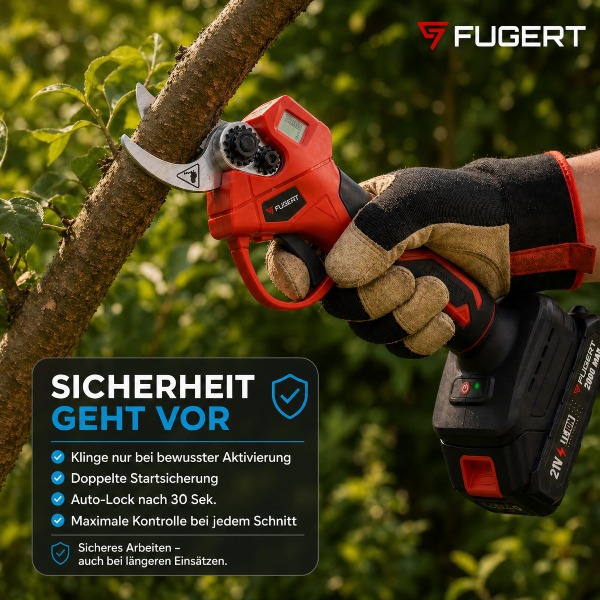 Akku Astschere 30 mm mit 2 Akkus 2 Ah, Bürstenloser Motor, Elektrische Gartenschere Bypass, LED-Schnittzähler, Baumschere für Garten & Obstbäume, Leichte Gartenschere mit Koffer