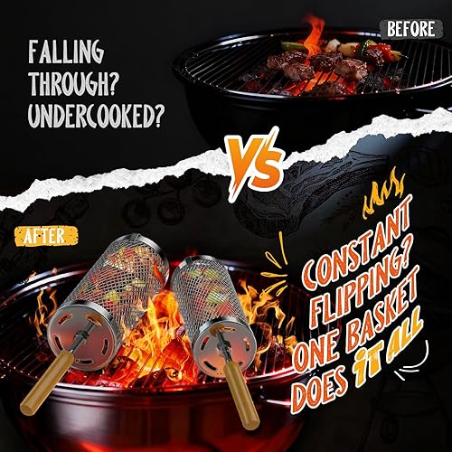 Miniatura 4 de Cesta de parrilla rodante, cesta de parrilla de acero inoxidable 304 con mango de madera extraíble, herramienta de barbacoa y accesorio para ahumar