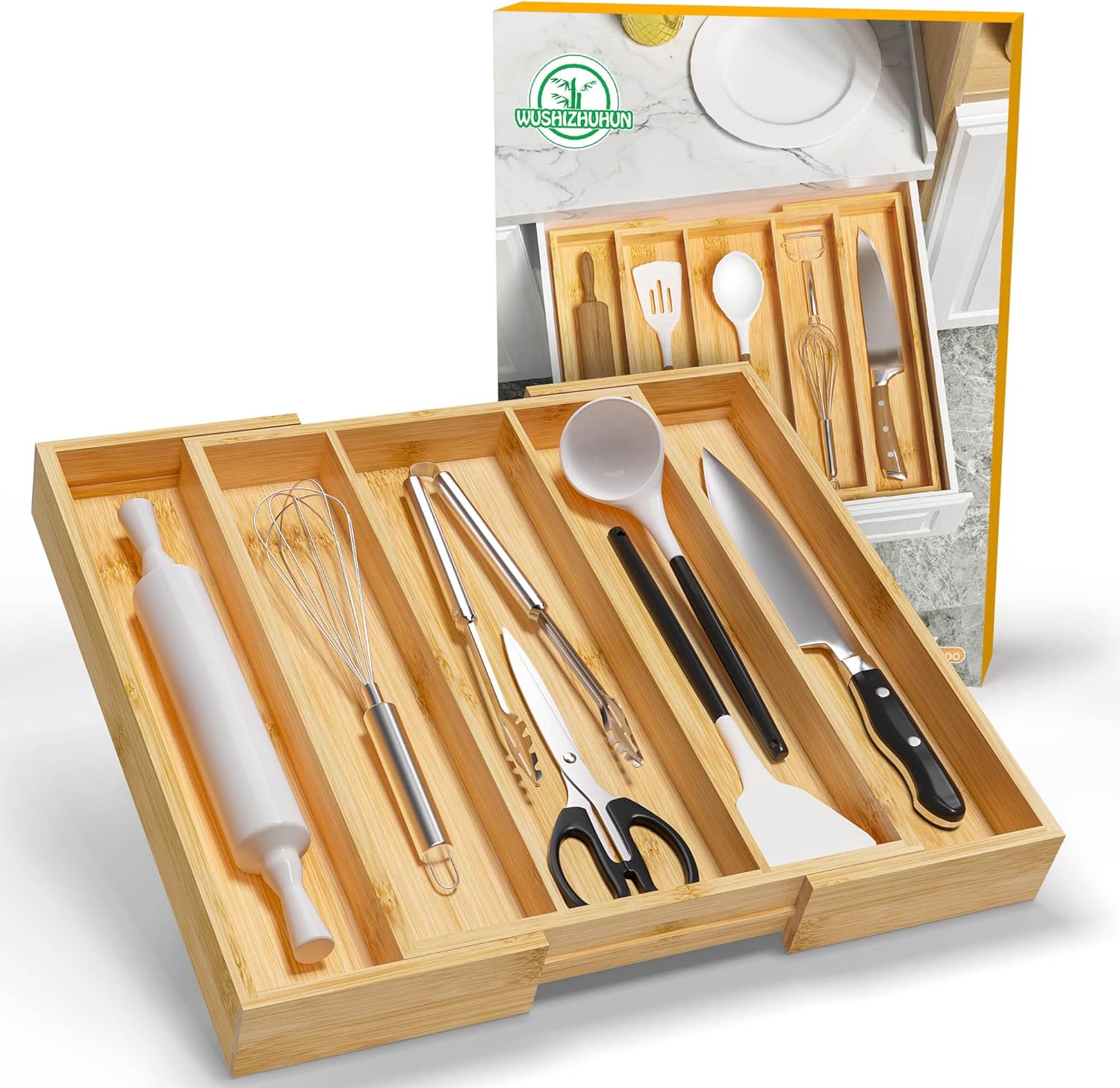 Bamboo Utensil Organizer Cutlery Organizer - Expandable 5 Slots Multipurpose Kitchen Drawer Organizer for Large Cooking Utensils, Baking Tools, Knife Set W13.7"-19.9" x L17.6" X H2.5"(Yellow)