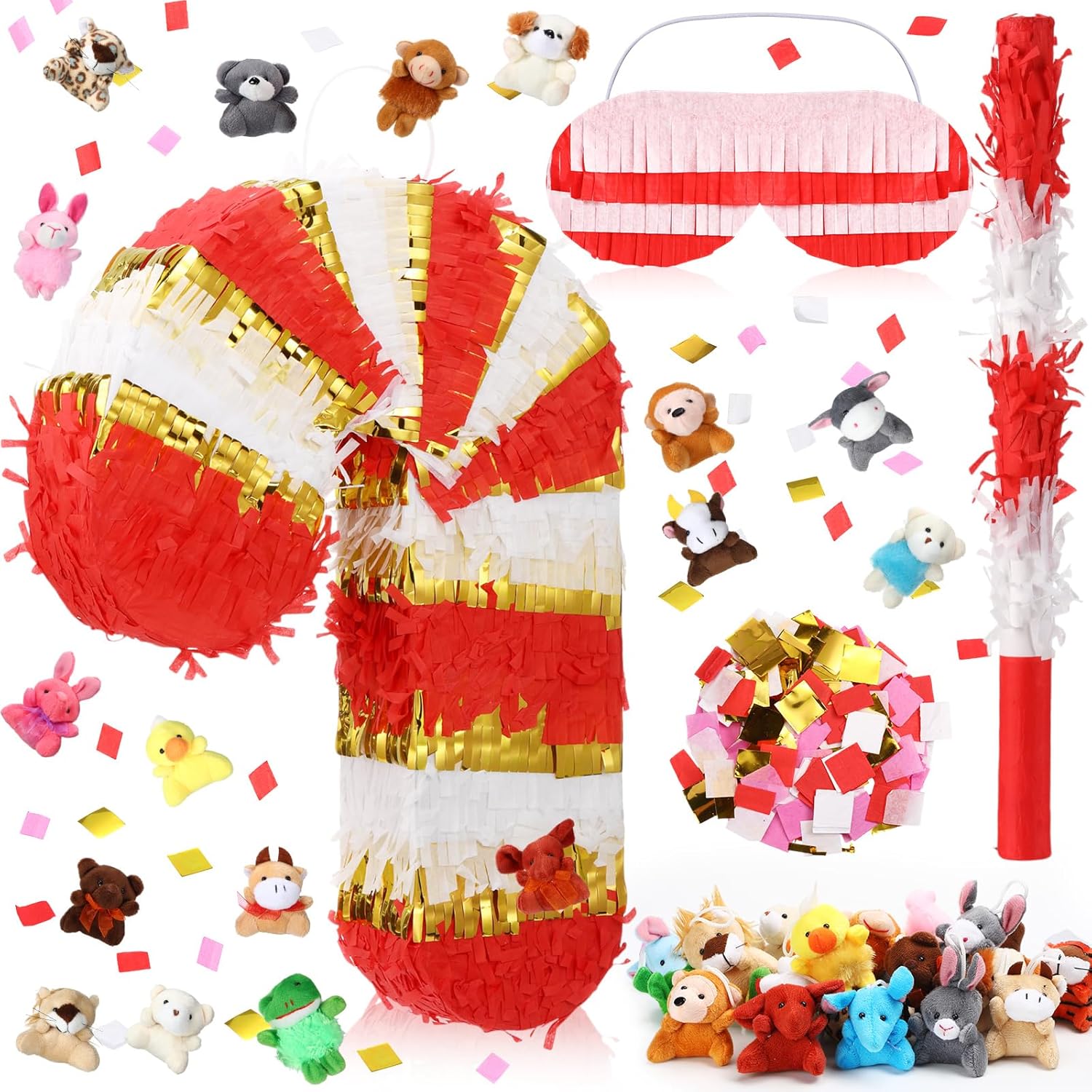 HyDren Candy Cane Piñata 16 Inch Easter Mexican Piñata with 24 Mini Piñata Stuffers Stick Confetti Blindfold Bundle for Christmas Holiday Piñata Birthday