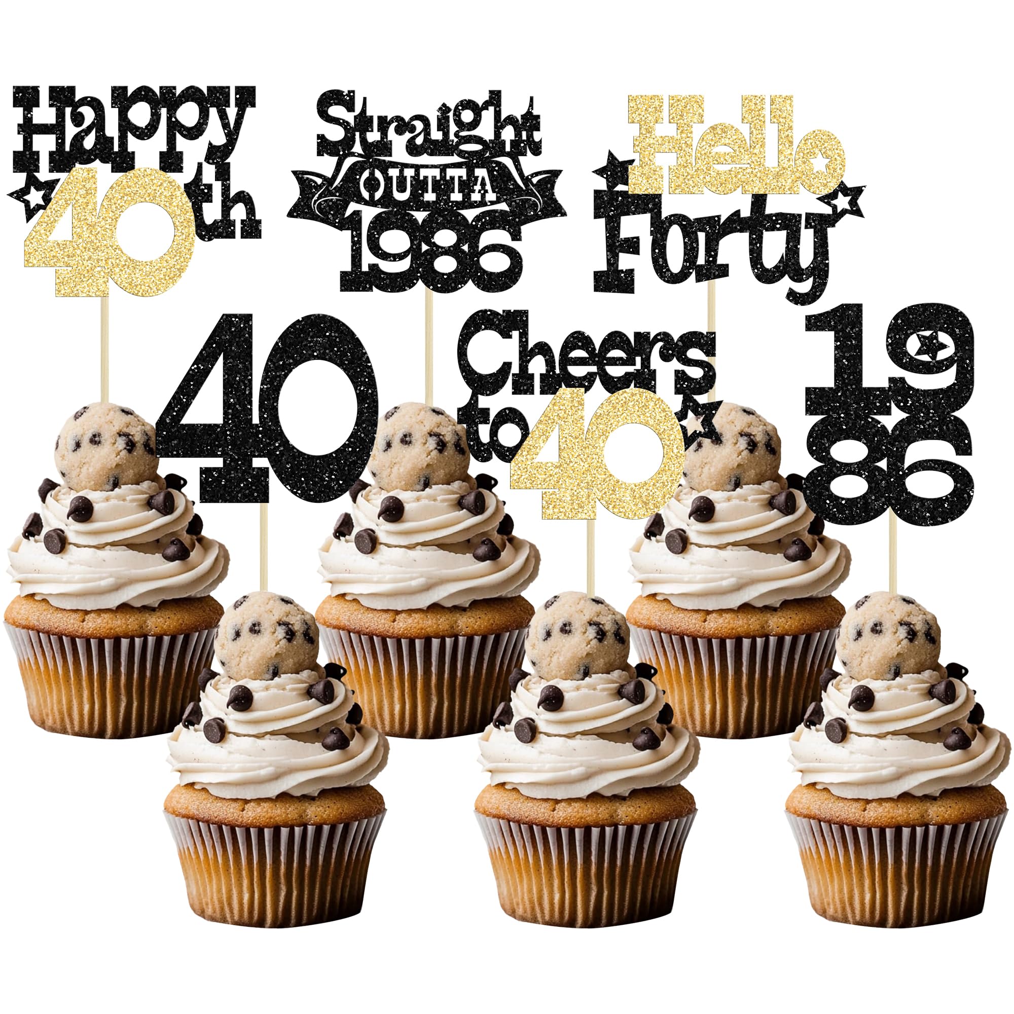 Ephlyn 30Pcs Straight Outta 1986 Cupcake Toppers Glitter Forty Happy 40th Birthday Cupcake Picks Cheers to 40 Years Cake Decorations for Happy 40th Birthday Anniversary Party Supplies Black Gold