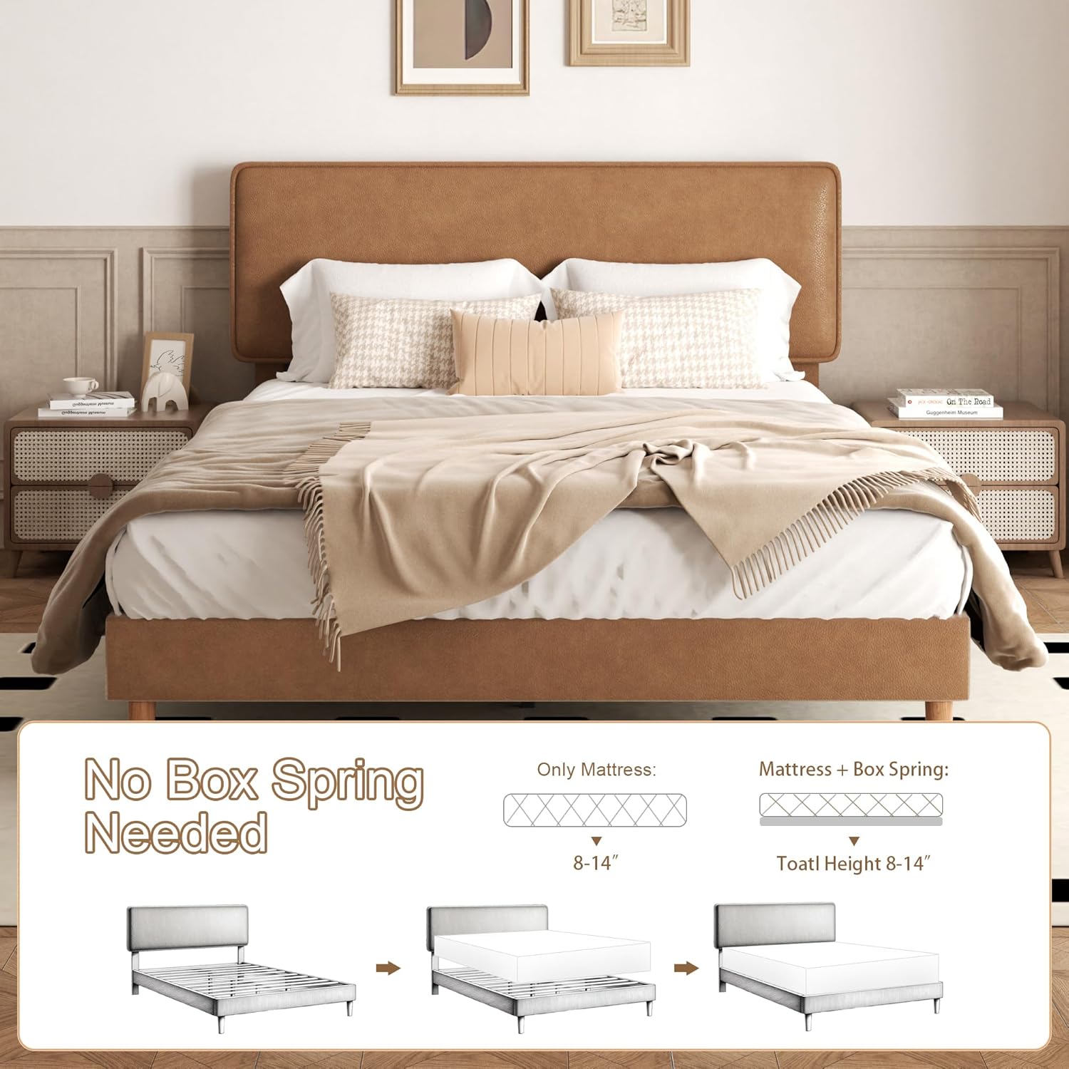 Queen Size Upholstered Bed Frame with Adjustable Headboard, Faux Leather Platform Bed with Wood Slats, Lychee Grain Leather, No Box Spring Needed, Easy Assembly, Noise Free, Brown