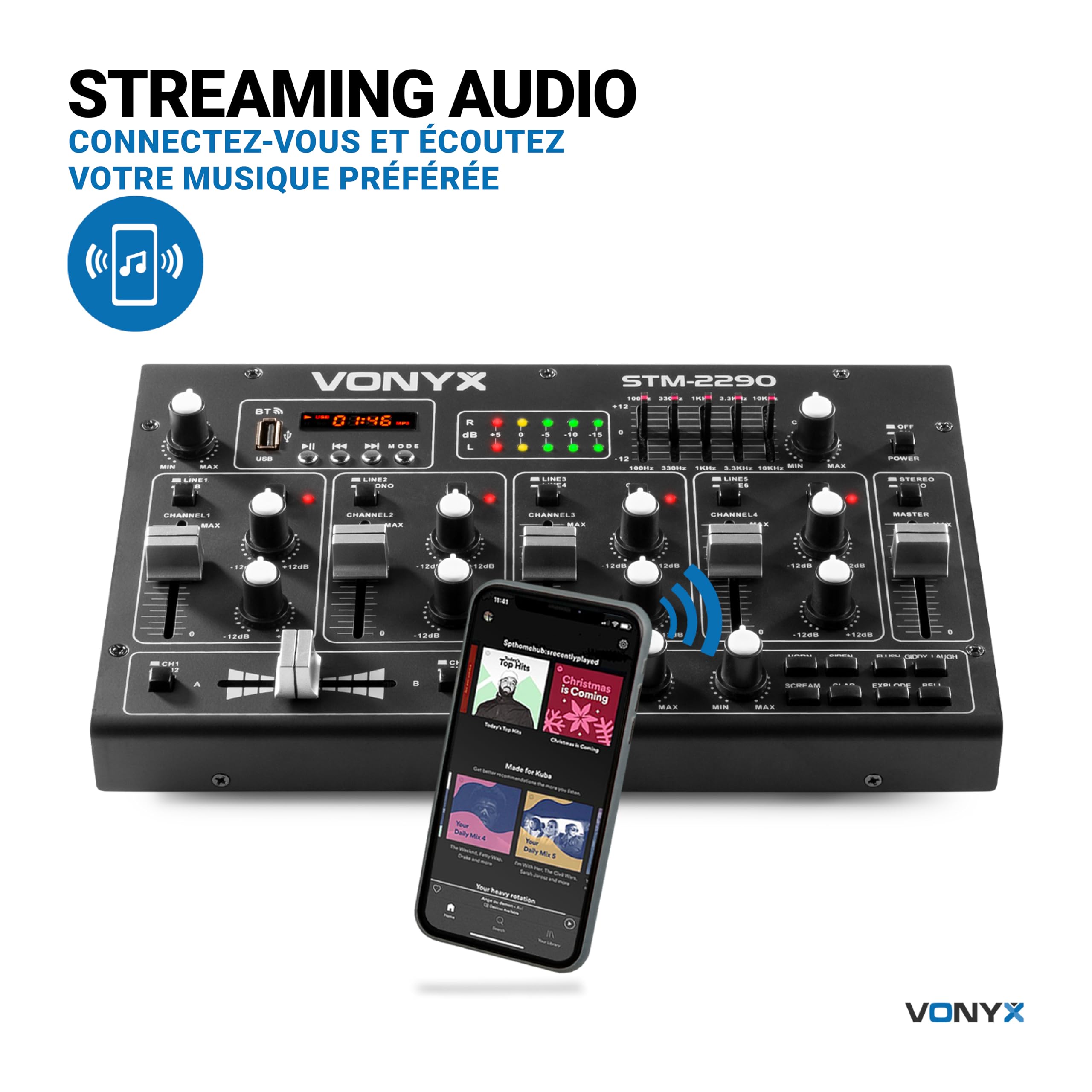 Vonyx STM2290 Table de Mixage DJ 8 Canaux, Entrée USB, Bluetooth, 8 Effets sons Individuels, Equalizer 5 Bandes, Entrée Micro et Sortie Casque, Écran LCD