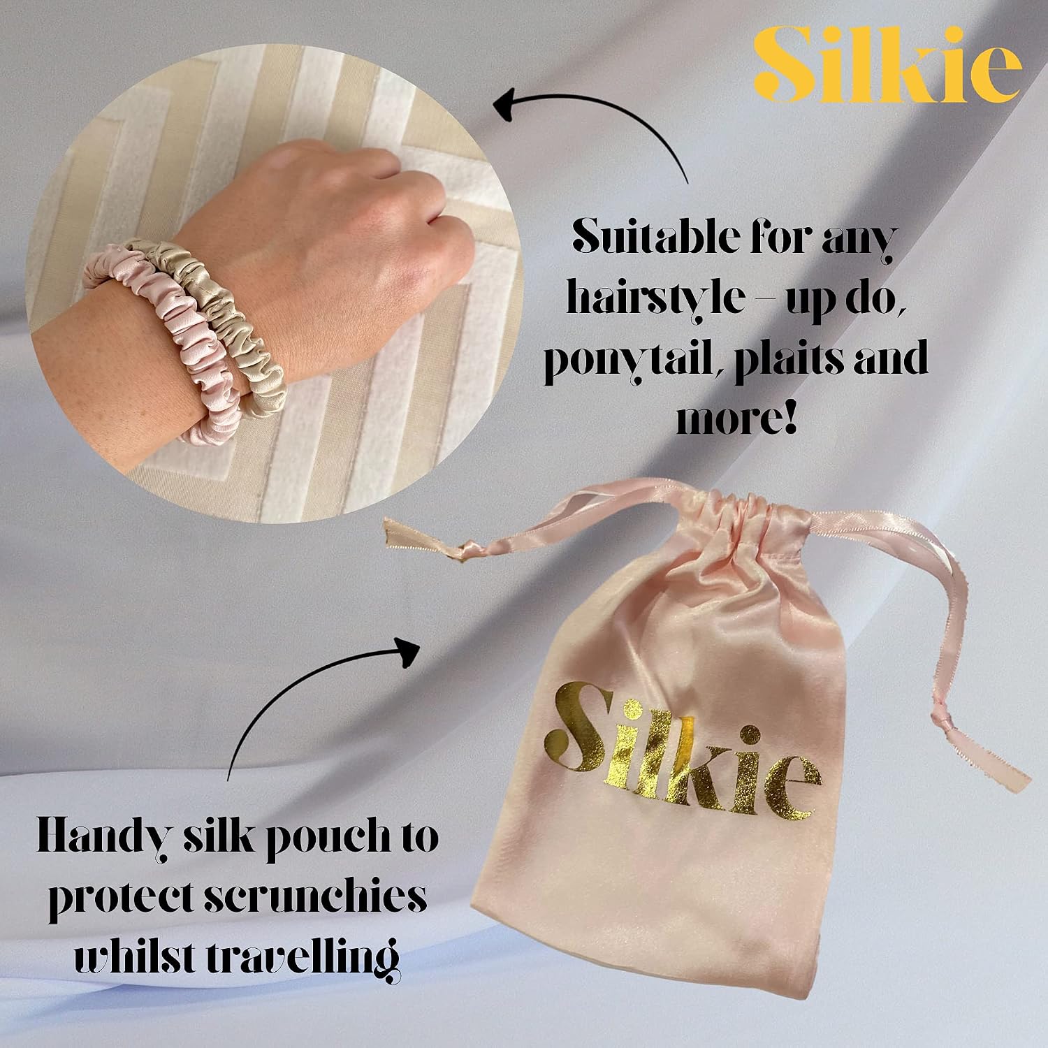 SILKIE x4 Set 100% Pure Mulberry Silk Nude Pink Neutral Skinny Scrunchies Travel Pouch Everyday Hair Ties Elastics Hair Care Ponytail Holder No Damage - Image 5