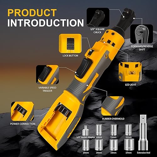 Miniatura 7 de Llave de trinquete inalámbrica para batería Dewalt 20V, juego de trinquete eléctrico de 3/8 pulgadas, 45 pies a libras (60 N.m), control de