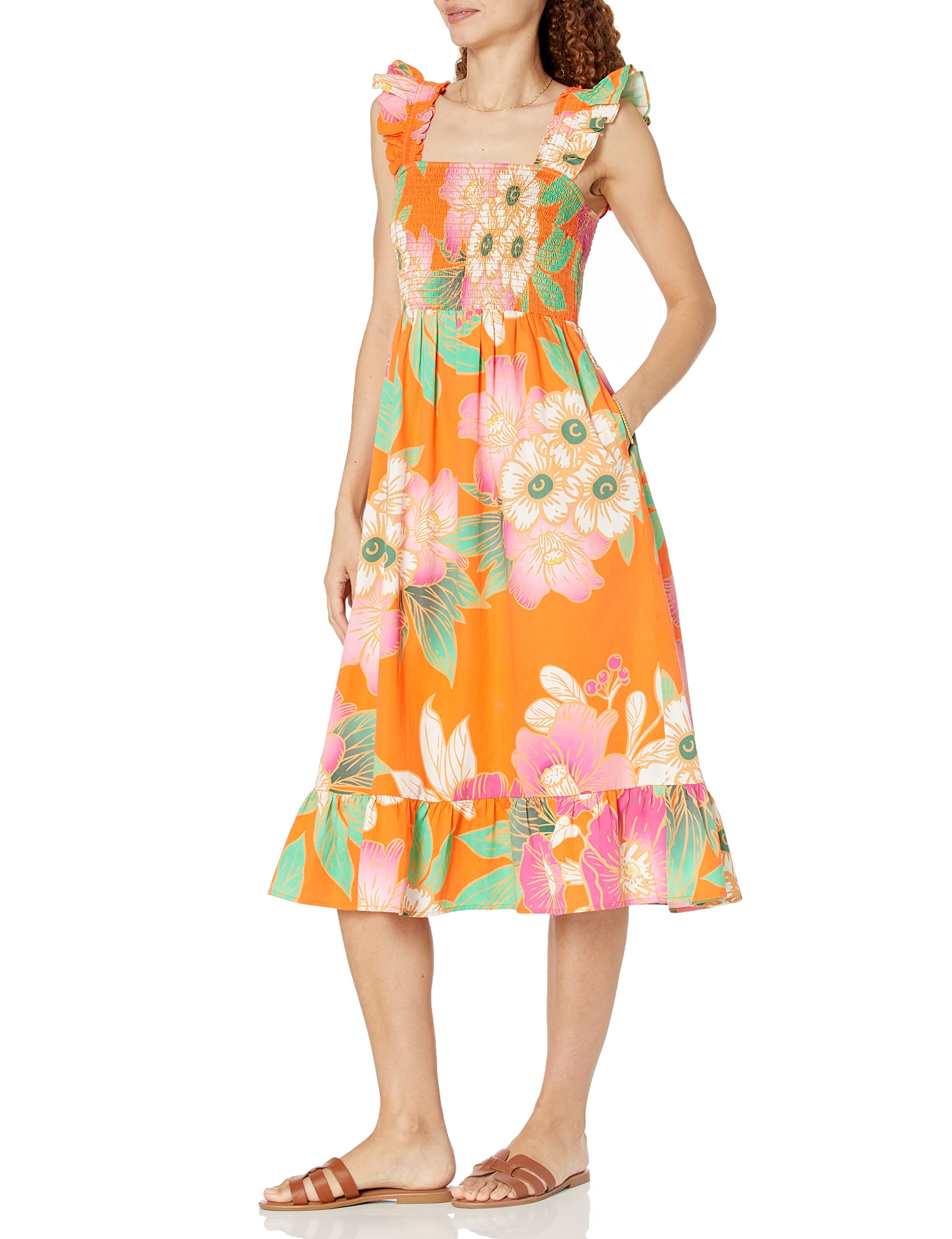 The Drop Women's Kimi Ruffled Shoulder Smocked Midi Dress