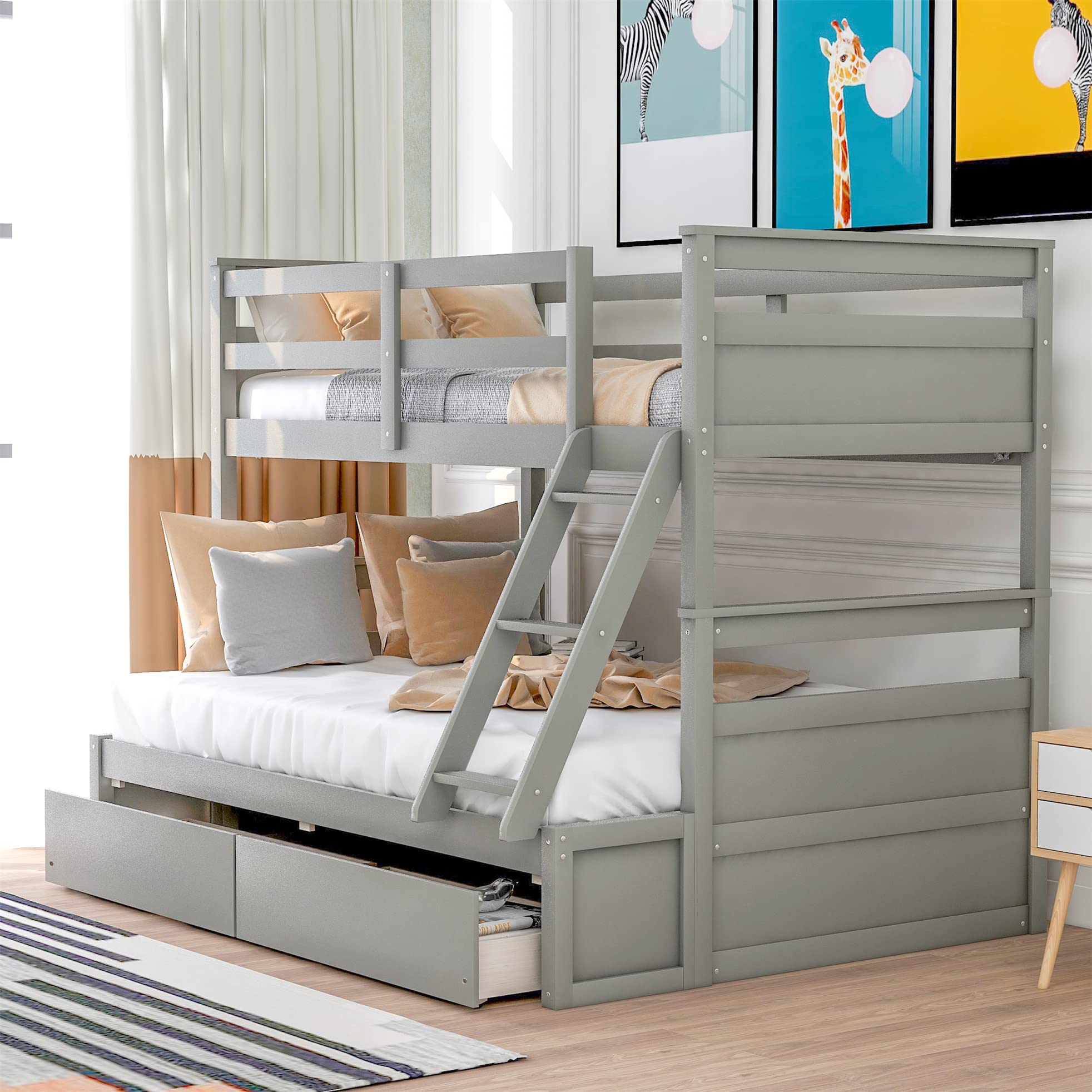Harper & Bright Designs Solid Wood Bunk Bed with Storage Drawers, Twin Over Full Bunk Bed with Ladder and Safety Guard Rail for Boys, Girls, Teens and Adults (Gray)