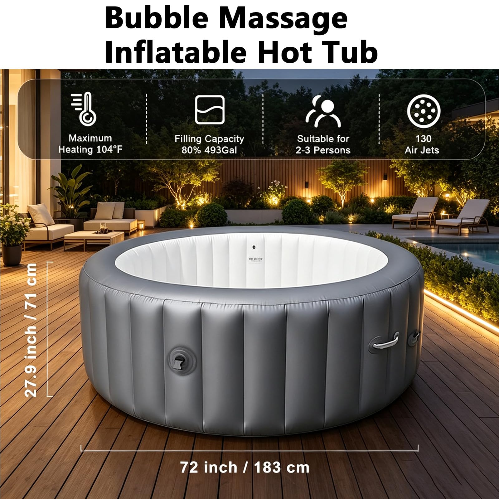 Portable Grand Spa Gonflable pour 2 à 6 Personnes avec 180 Jets d'air,Une Commande Intelligente Et Une Couverture Thermique pour Le Jardin,Le Balcon Et Le Camping 72x28in