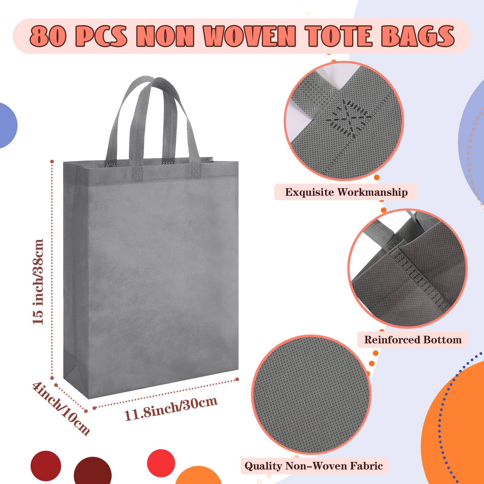 Amylove 80 Pcs Non Woven Tote Bags Bulk Large Reusable Gift Bag Reusable Grocery Bags, 15 x 11. 8 x 4 Inches(Multicolor)