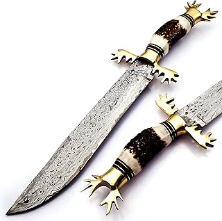 Skokie Knives Damascus Steel hunting Knife Stag Antler Handle with Brass Deer Guard €“18€ Handmade Premium Quality Sharp Edge Fix Blade - Genuine Multipurpose - SkokieKnives