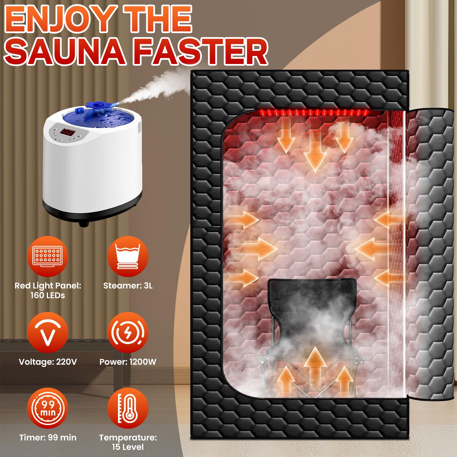 Saunen Tragbare Infrarot-Sauna mit Rotlicht-Panel, 160 LEDs 660/850 nm dampfsauna für zuhause, 1200W Dampf-Heizgenerator 3L,15 Temperaturstufen,Dampfsauna für zu Hause,183×82×82cm