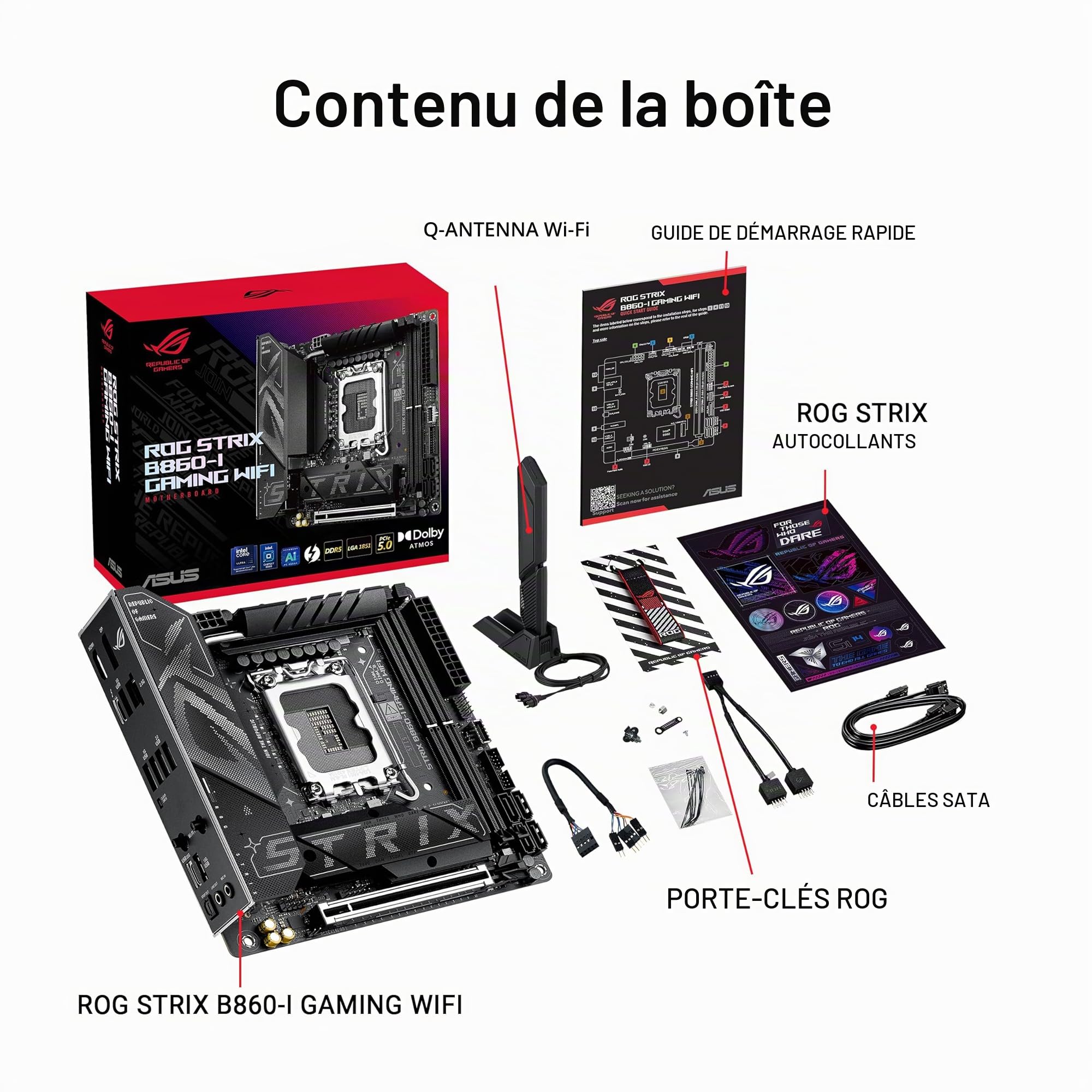 ASUS ROG Strix B860-I Gaming WiFi, Carte mère Mini-iTX, prête pour PC avec IA avancée, 10 + 1 + 2 + 1 Niveaux de Puissance, DDR5, PCIe 5.0, Deux emplacements M.2, WiFi 7, ASUS AI Advisor, AI