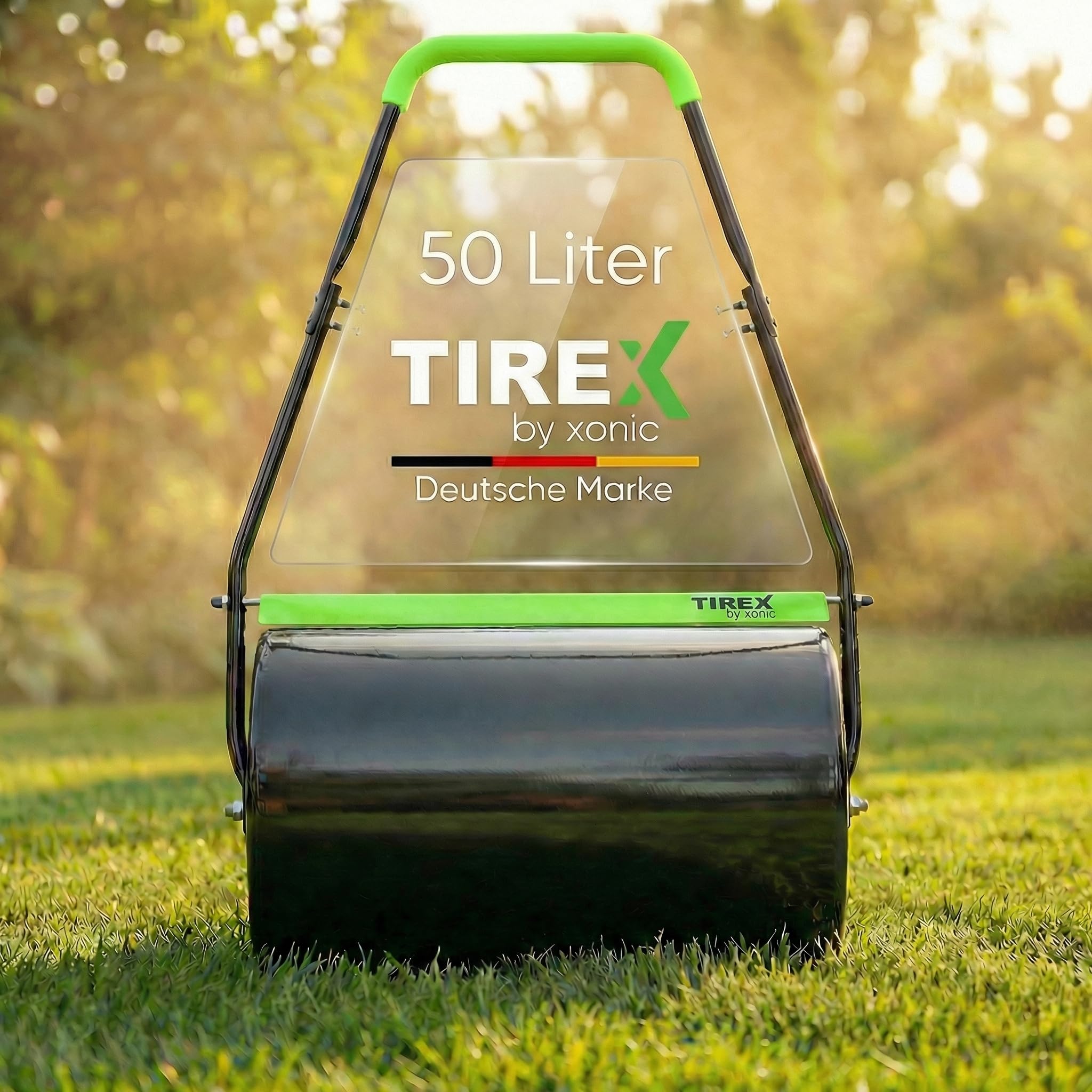 TIREX by xonic® Rasenwalze, Gartenwalze aus Metall, Befüllbar bis 50L, Handwalze für Garten und Rasen (Grün)