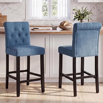 LSSBOUGHT 24 Inches Upholstered Counter Stools, Bar Stools Set of 2, Fabric Counter Stools with Back, Counter Height Bar Chairs with Solid Wood Legs for Home Kitchen Island Dining Room, 2pcs,Blue