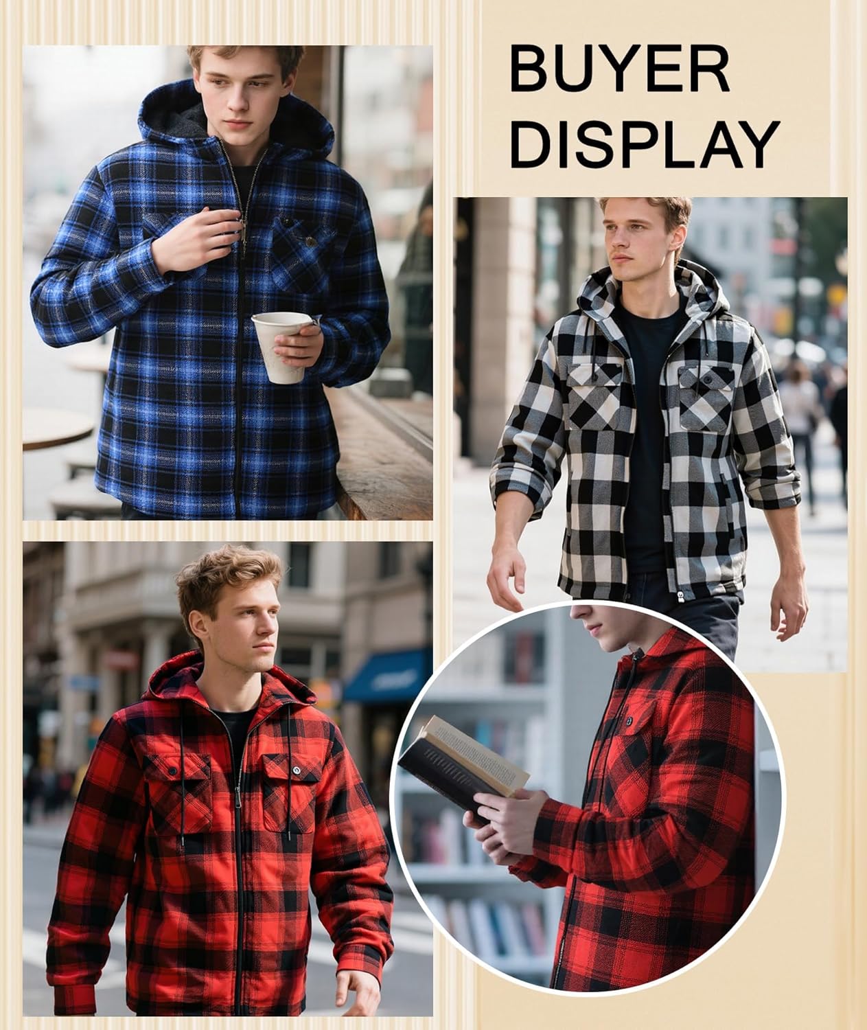 Little Beauty Men's Flannel Shirt Jacket Zip Up Fleece Plaid Jackets with Pokect Winter Warm Sherpa Lined Coat Hoodie - Image 2