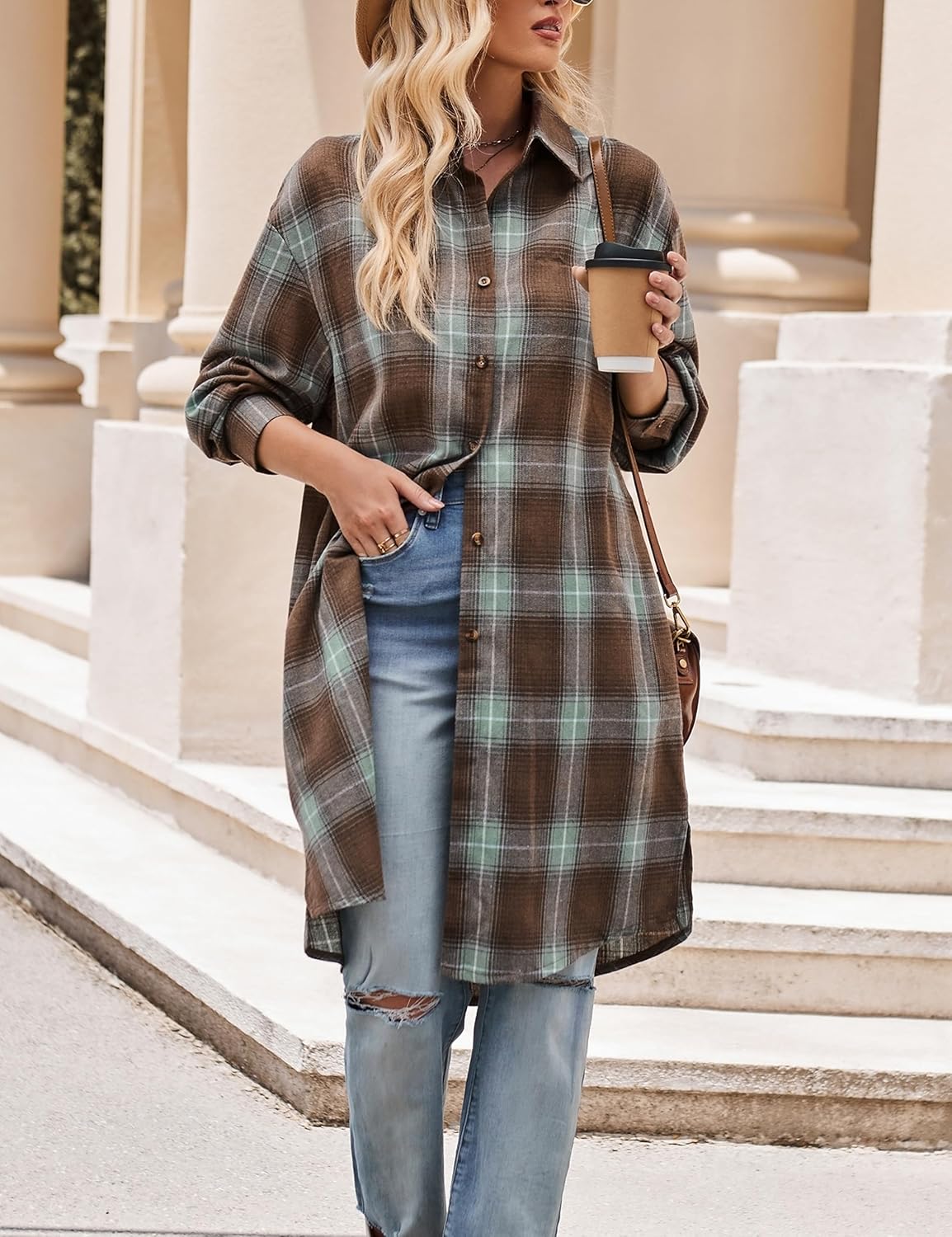 Womens Casual Long Flannel Plaid Shirts Fall Fashion Long Sleeve Boyfriend Coats Jackets with Pockets - Image 2