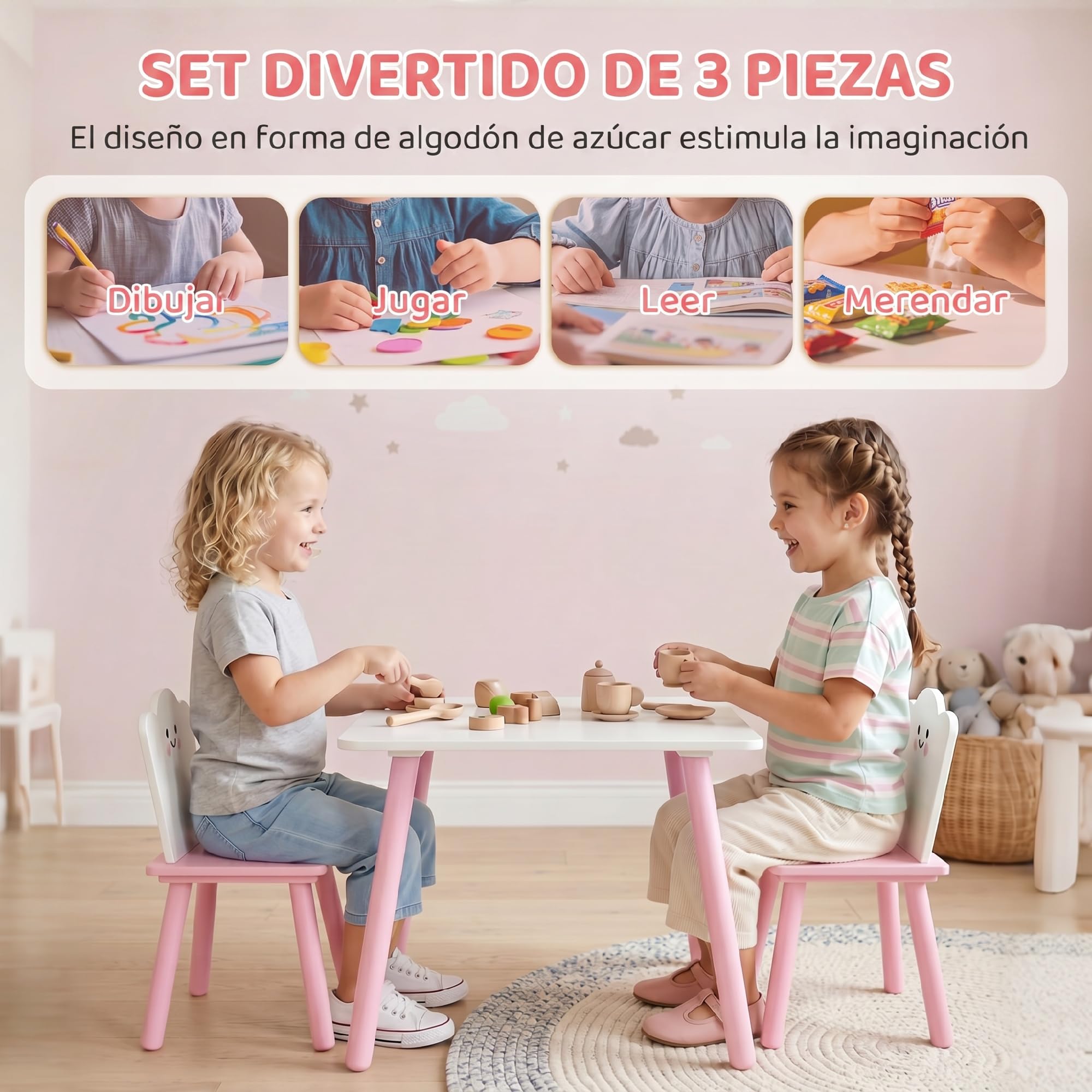 AIYAPLAY Mesa Infantil con 2 Sillas, Patas de Madera, para 3-6 Años, Rosa | Mesa y Sillas Infantil, Tema Algodón de Azúcar, para Niños y Niñas, para Hogar, Guardería, Aulas