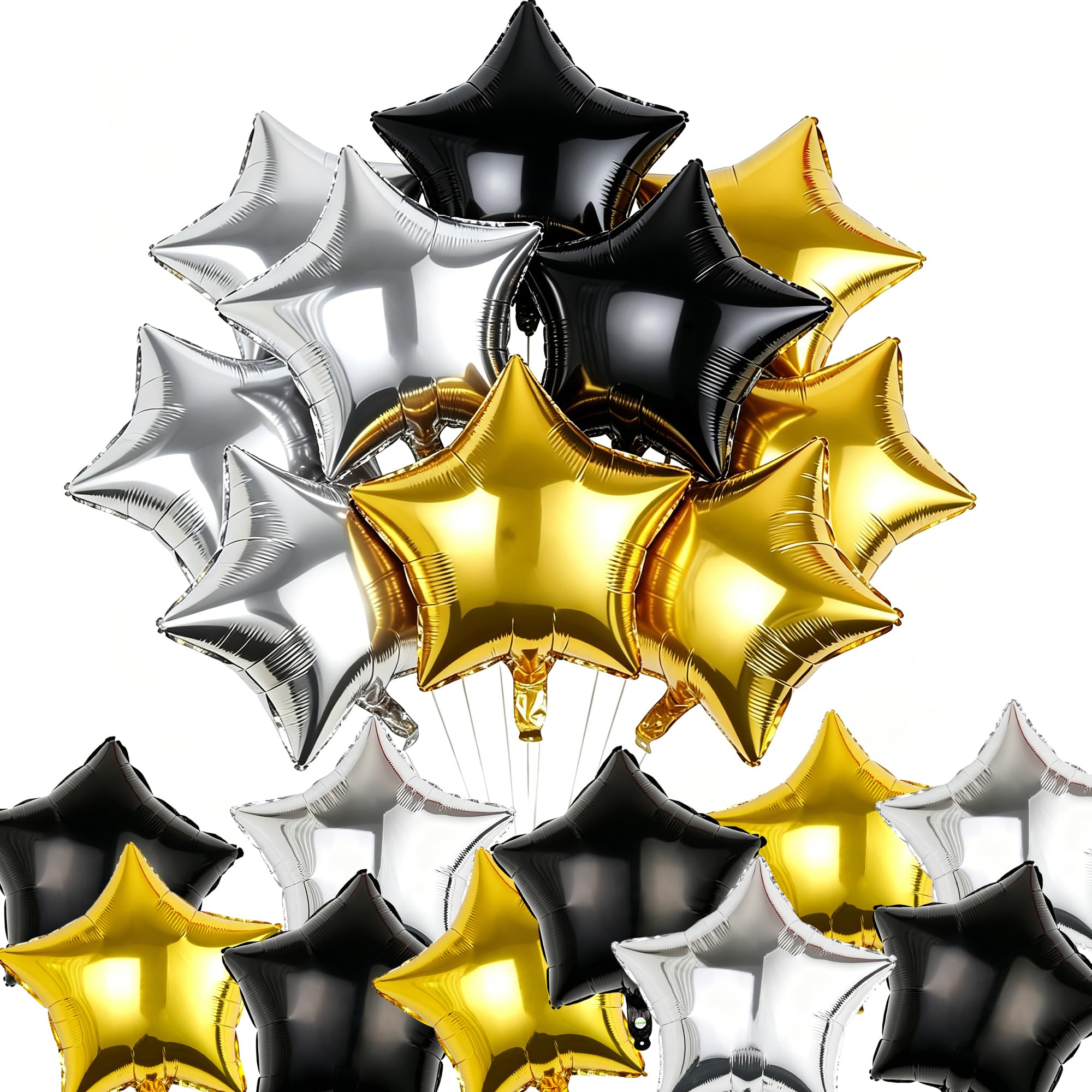 20Pcs Foil Star Balloon, 18 Inch Pentagram Balloons, Helium Mylar Ballons Foil Balloons Party Decorations for Birthday Wedding Graduation Anniversary (Black Gold Silver)