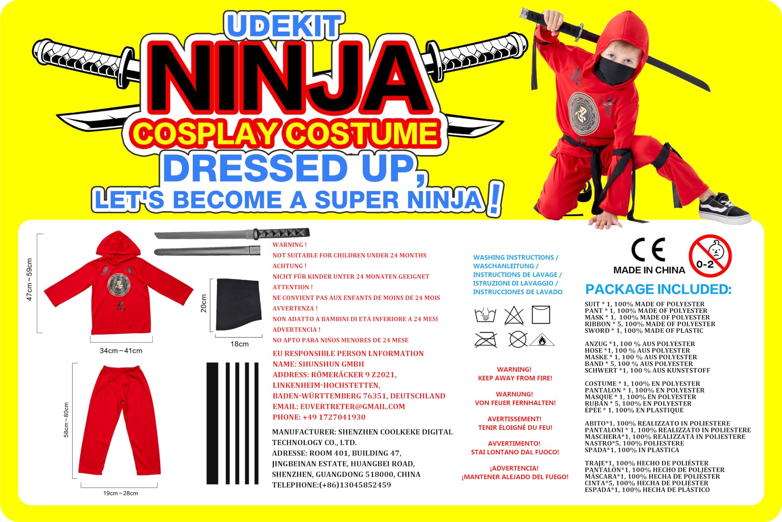 Costume da ninja rosso con cappuccio, pantaloni, nastri e spada giocattolo per bambini, festa cosplay di Halloween