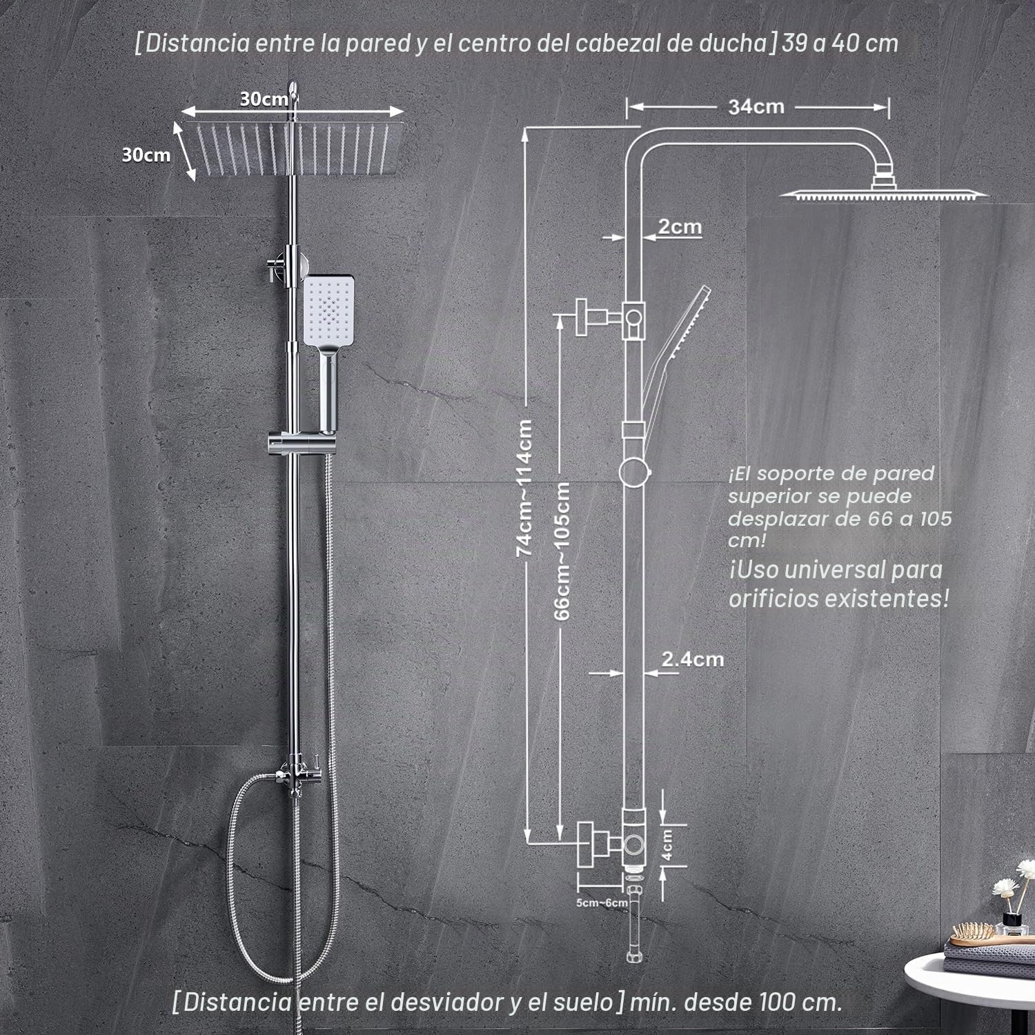 Görbach Columna Ducha sin Grifo, Set Ducha de Altura Ajustable Conjunto Ducha Acero Inoxidable con Alcachofa y Cabezal Ducha lluvia 30x30cm Cromo