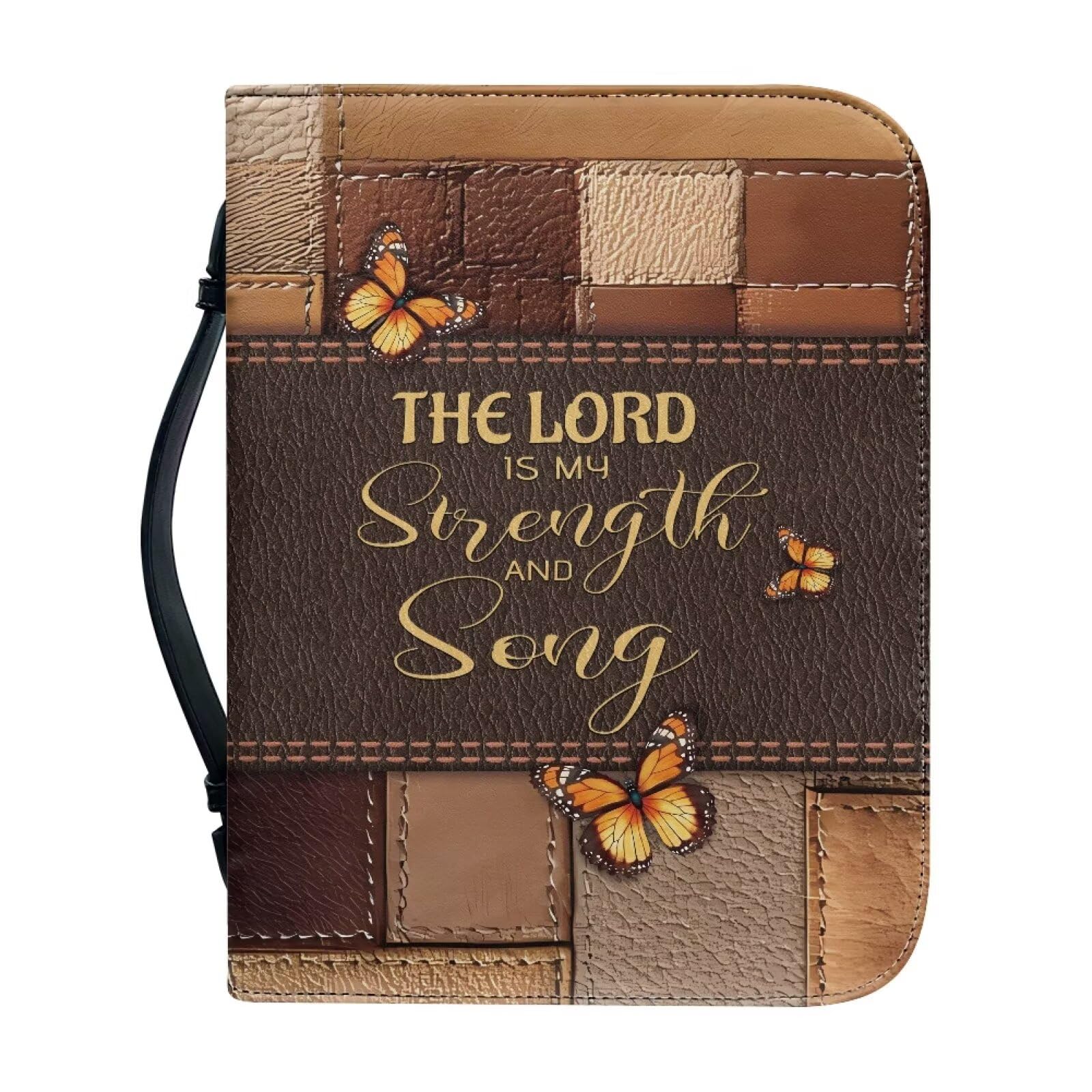 Talayituse Leather Cross Butterfly Print Bible Covers for Women Men The Lord is My Strength Design PU Leather Bible Case Tote Bag Book Carrying Case Christian Bible Accessories with Handle, M