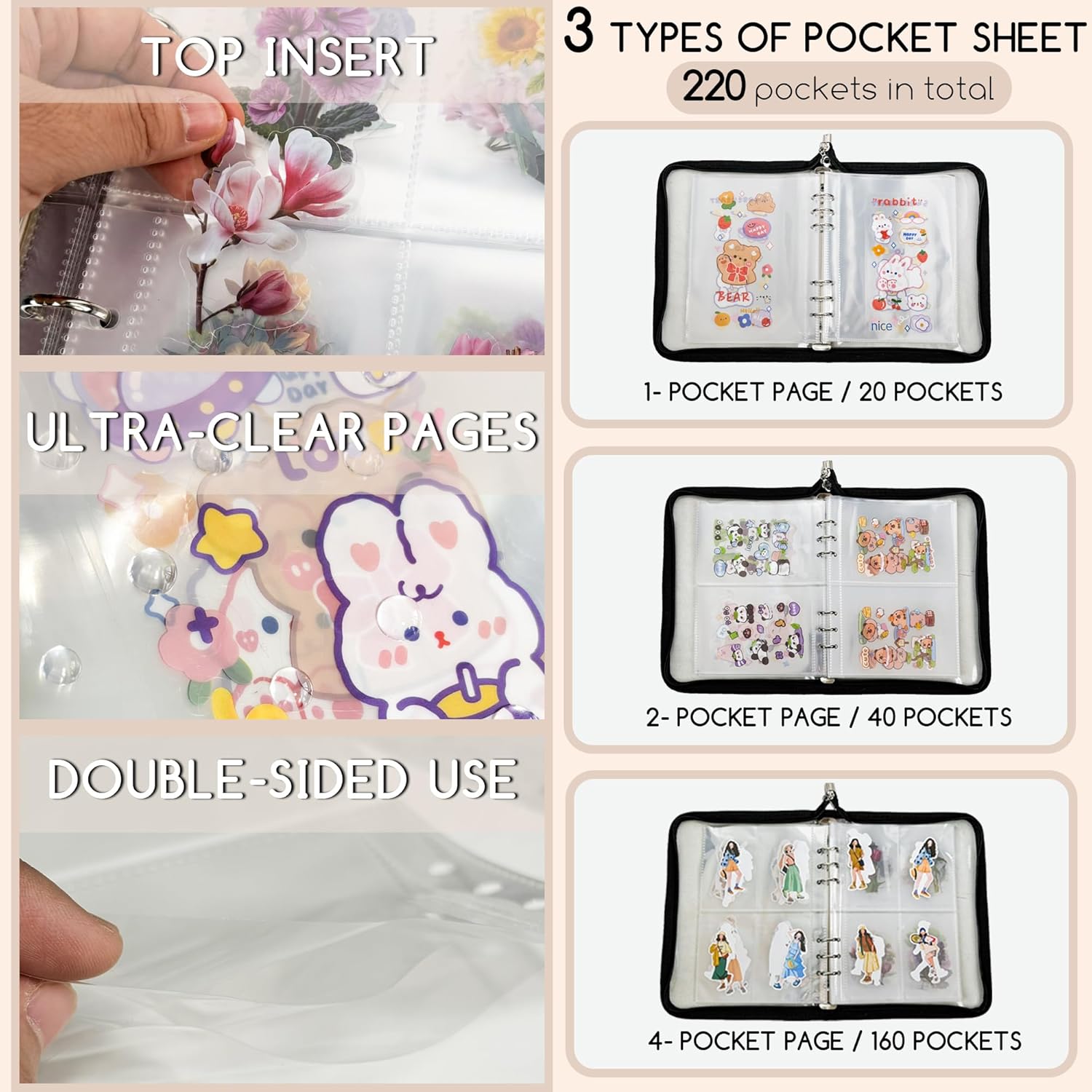 5-in-1 Sticker Organizer Book Reusable A5 Storage Binder with 220 Pockets,10 Release Papers, Zipper Album Sticker Collecting Display Keeper (Black)