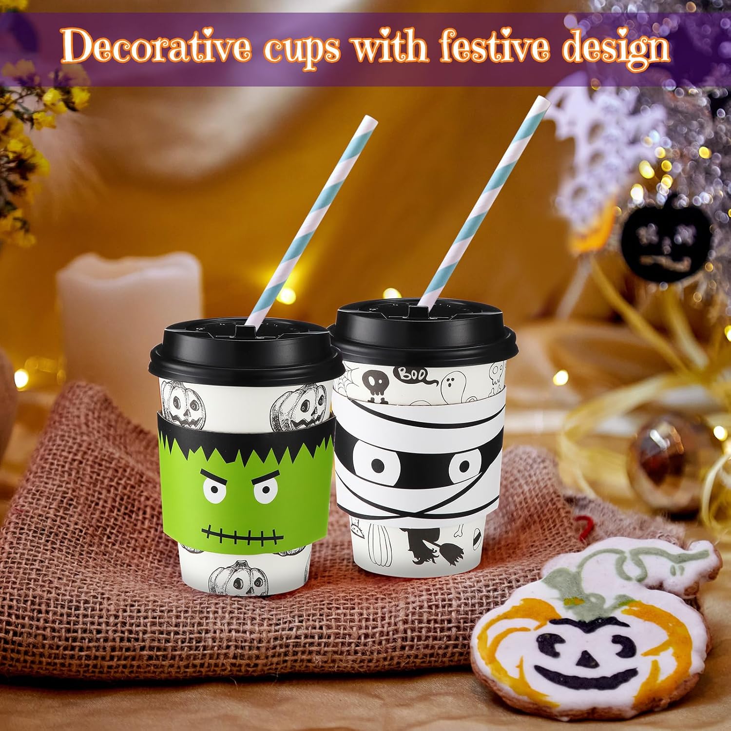 Umigy 100 Pack Halloween Disposable Coffee Cups 12 oz Paper Coffee Cups with Dome Lids and Sleeves Hot Cold Beverage Coffee Juice Drinking Cups for Halloween Party Decoration (Bat Style)