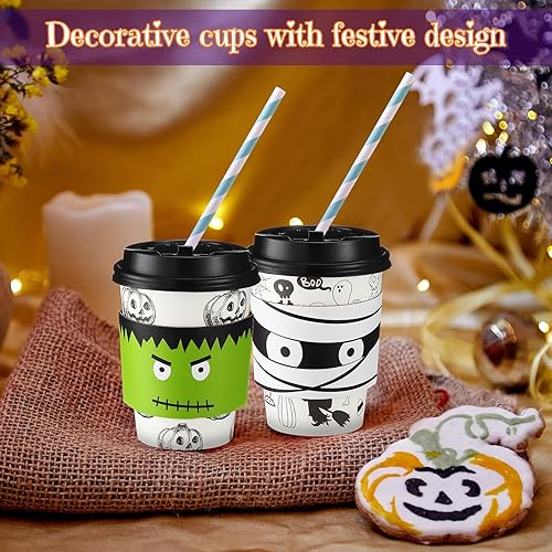 Vista 7 de Umigy Paquete de 100 tazas de café desechables de Halloween de 12 onzas, tazas de café de papel con tapas de cúpula y fundas para bebidas frías