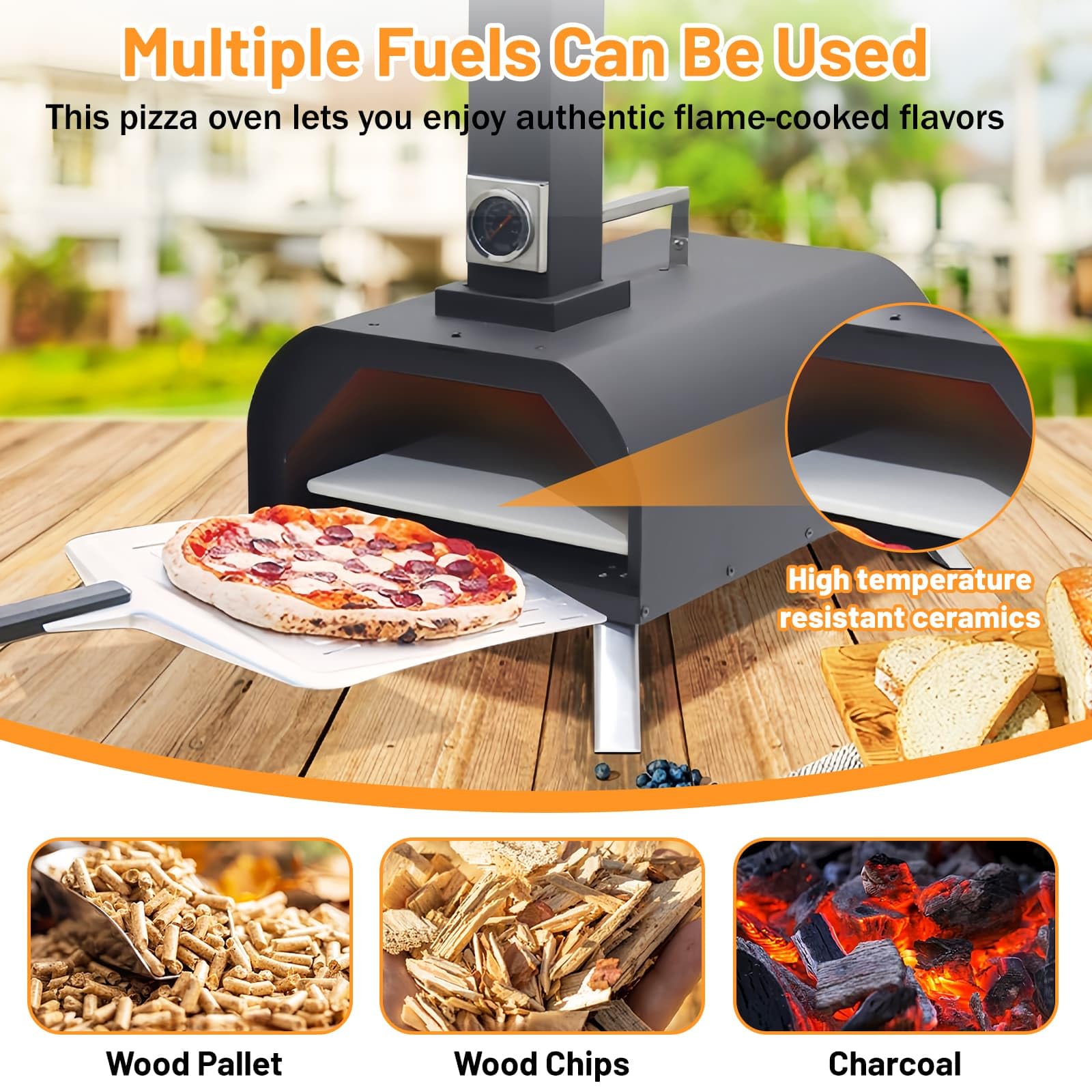 Forno per pizza a pellet in legno con pietra, termometro e gambe pieghevoli