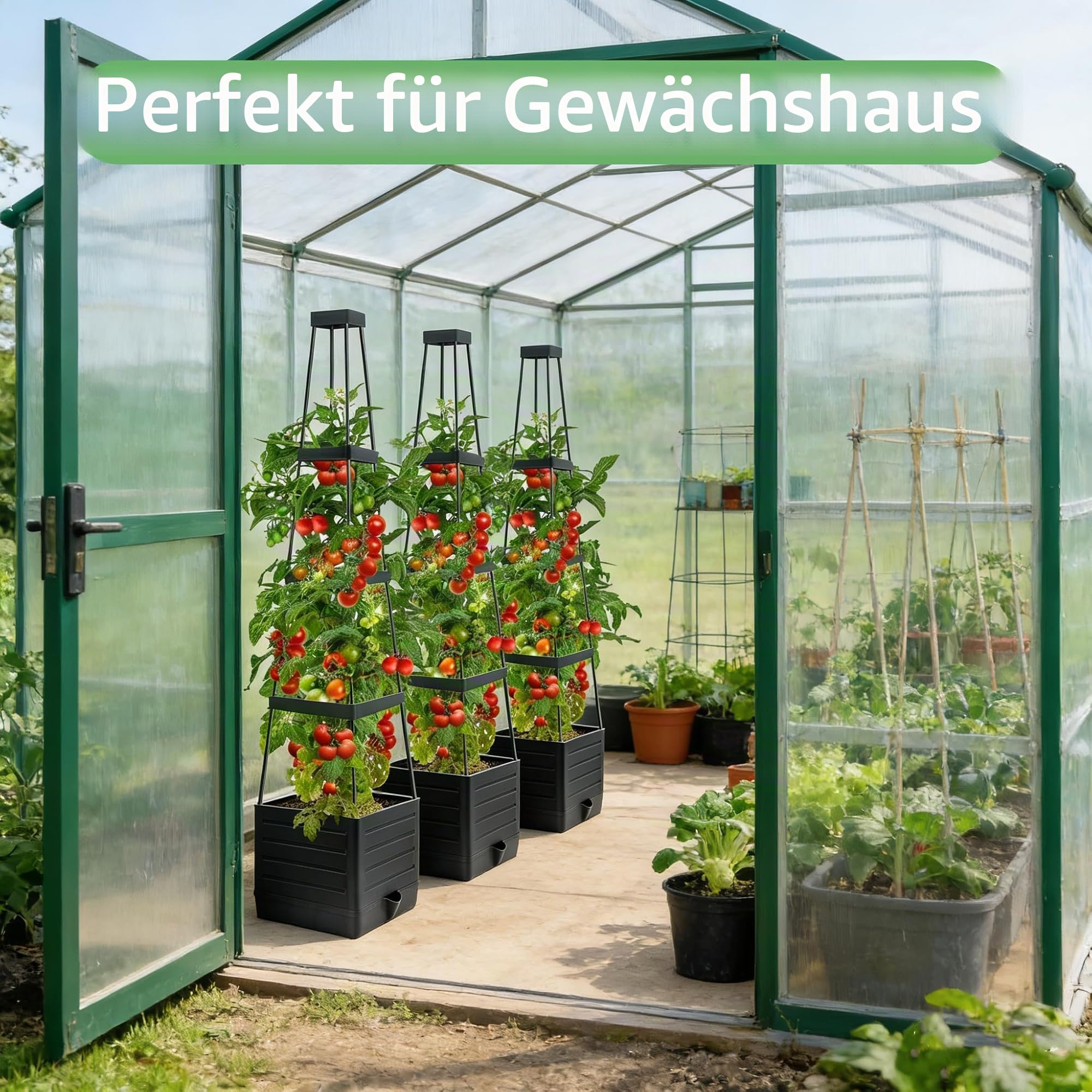 MQUPIN 145cm Tomaten Pflanzkästen, 2 Stück Hochbeet mit Rankgitter zum Klettern von Gemüse, Pflanzen, selbstbewässernde Pflanzkästen für den Außenbereich, verstellbare Rankenstütze