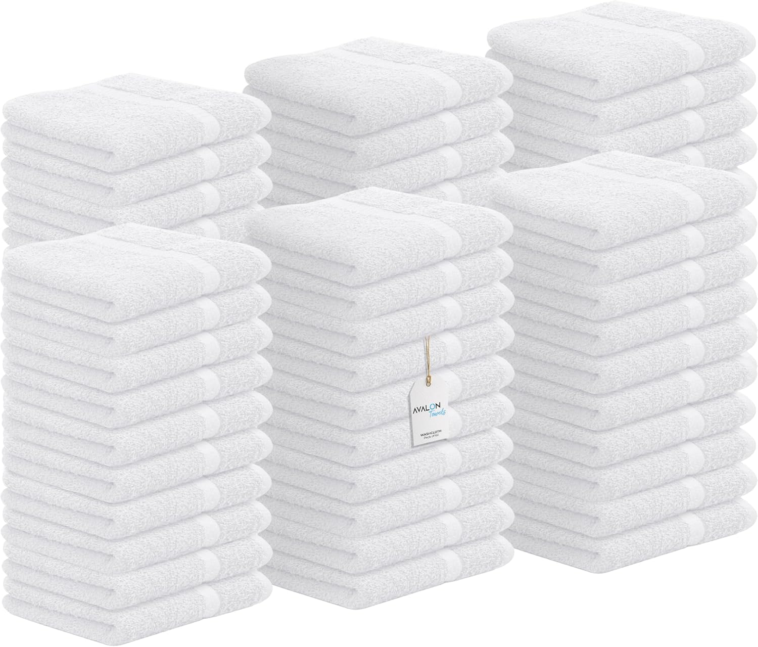 Avalon Towels Cotton Washcloths – (Pack of 60) Size 12x12 Inches, 100% Ring Spun Cotton, Soft & Absorbent Face Towels, Gym Towels, Hotel and Spa Quality, Reusable Fingertip Towels (White)