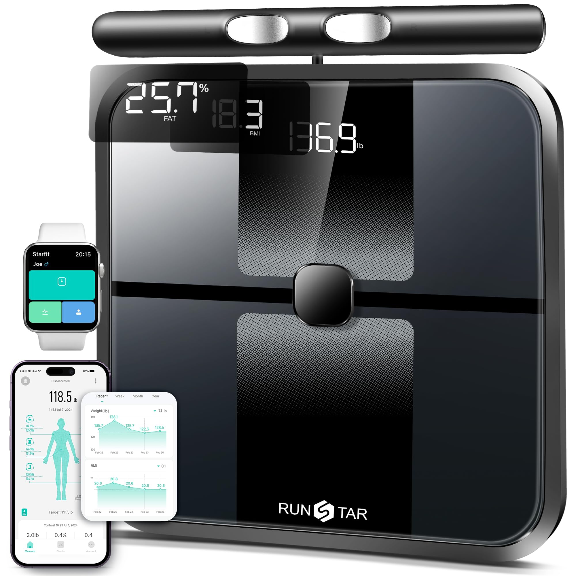RunStar Körperfettwaage, 8-Elektroden-Ganzkörperanalyse mit 28 Körperwerten, App-Synchronisierung, BMI, Muskelmasse – Hochpräzise Digitale Waage mit 3-Stufigem Display